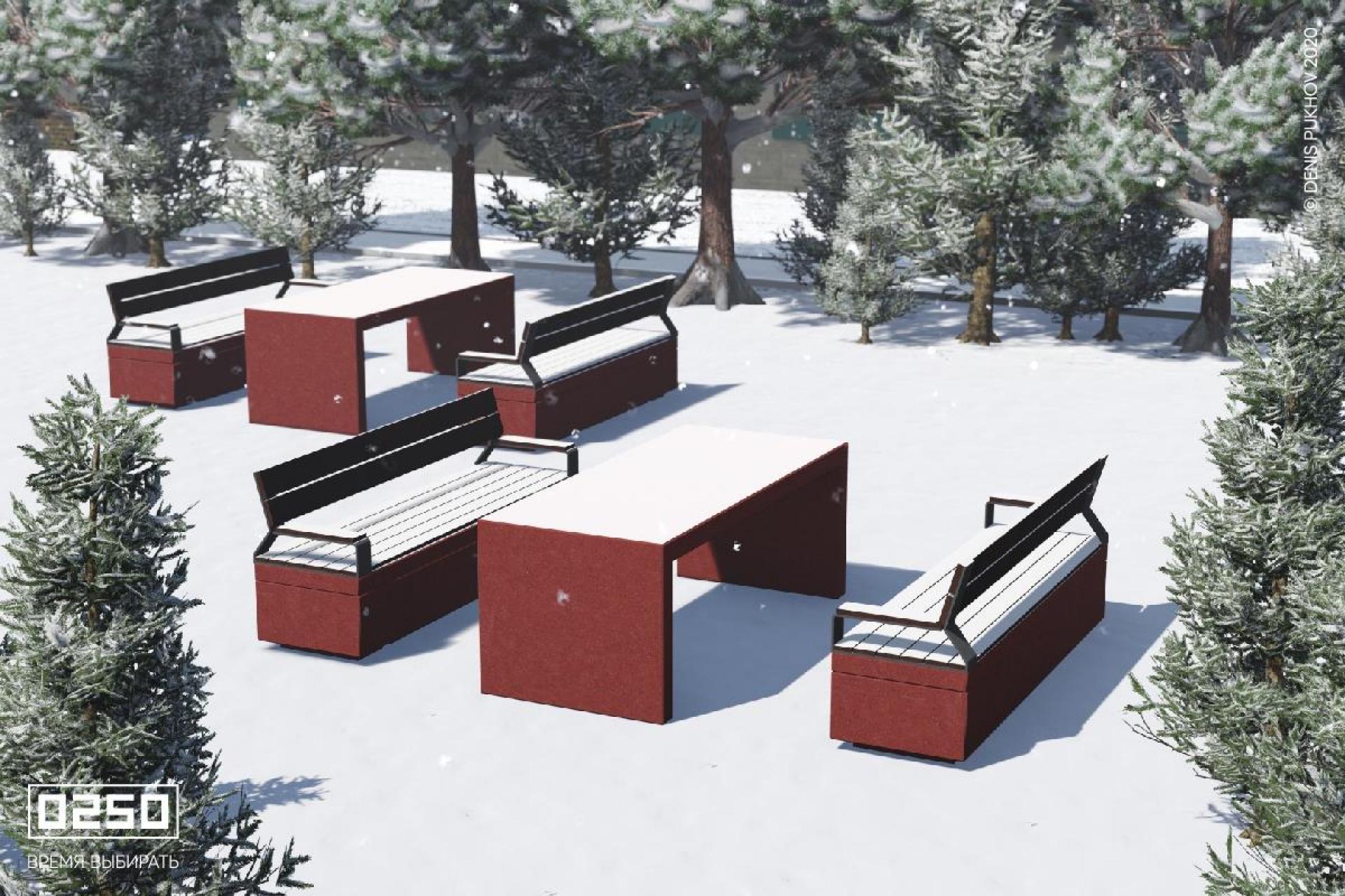 Илюстрация крсные столы бетонные уличный в парке зимой