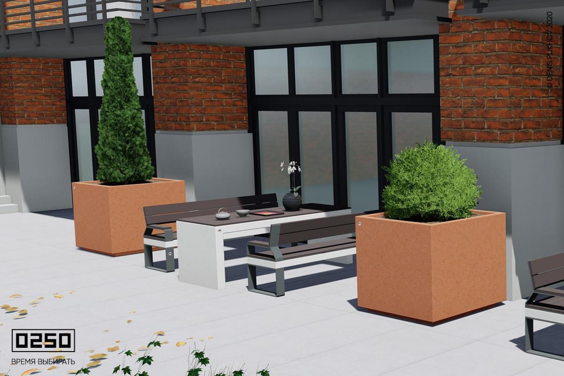 Илюстрация белый бетонный стол с настилом из древисны для улицы в дворе