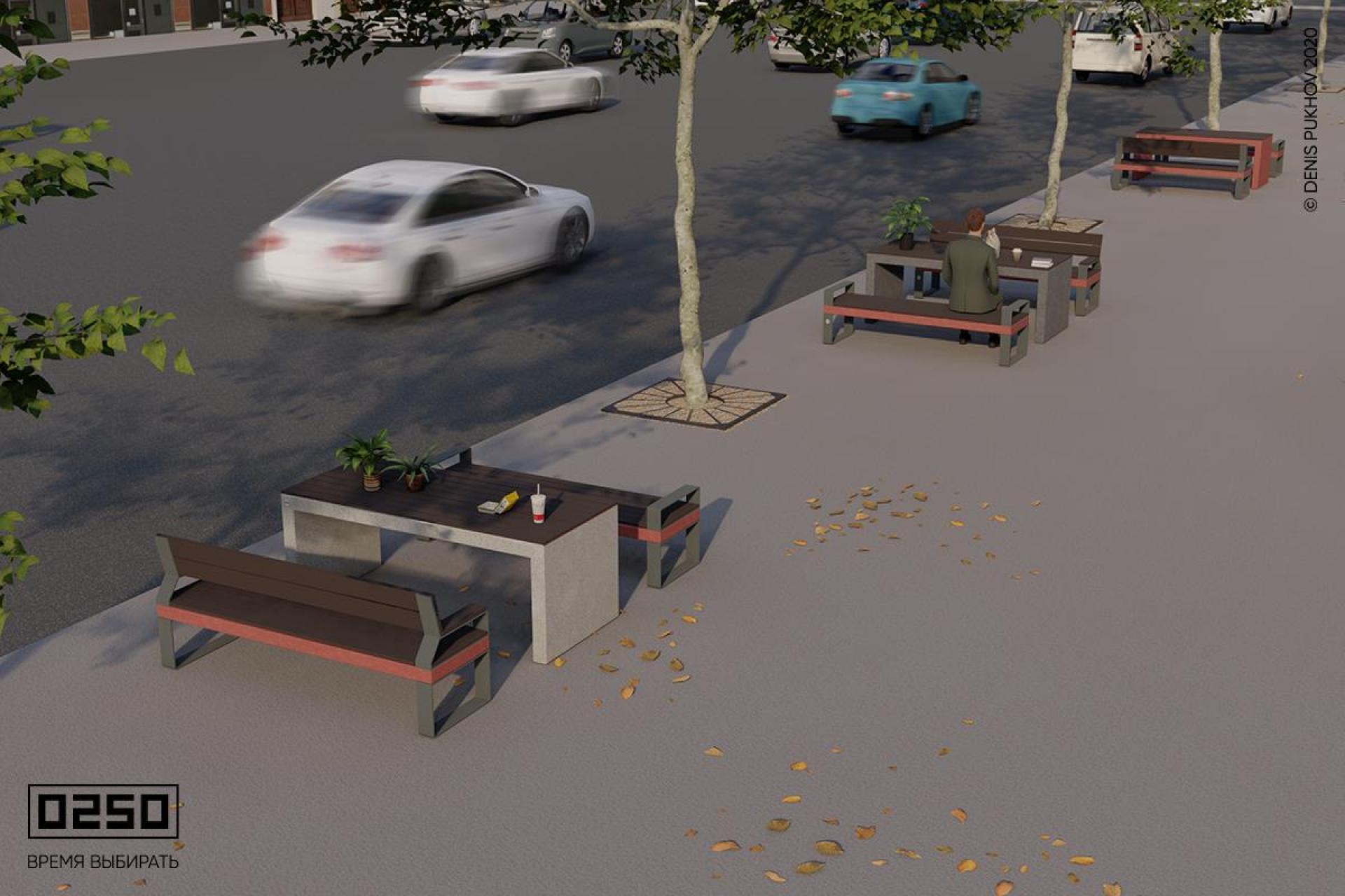 Илюстрация столы бетонные уличные с деревянным настилом на улице