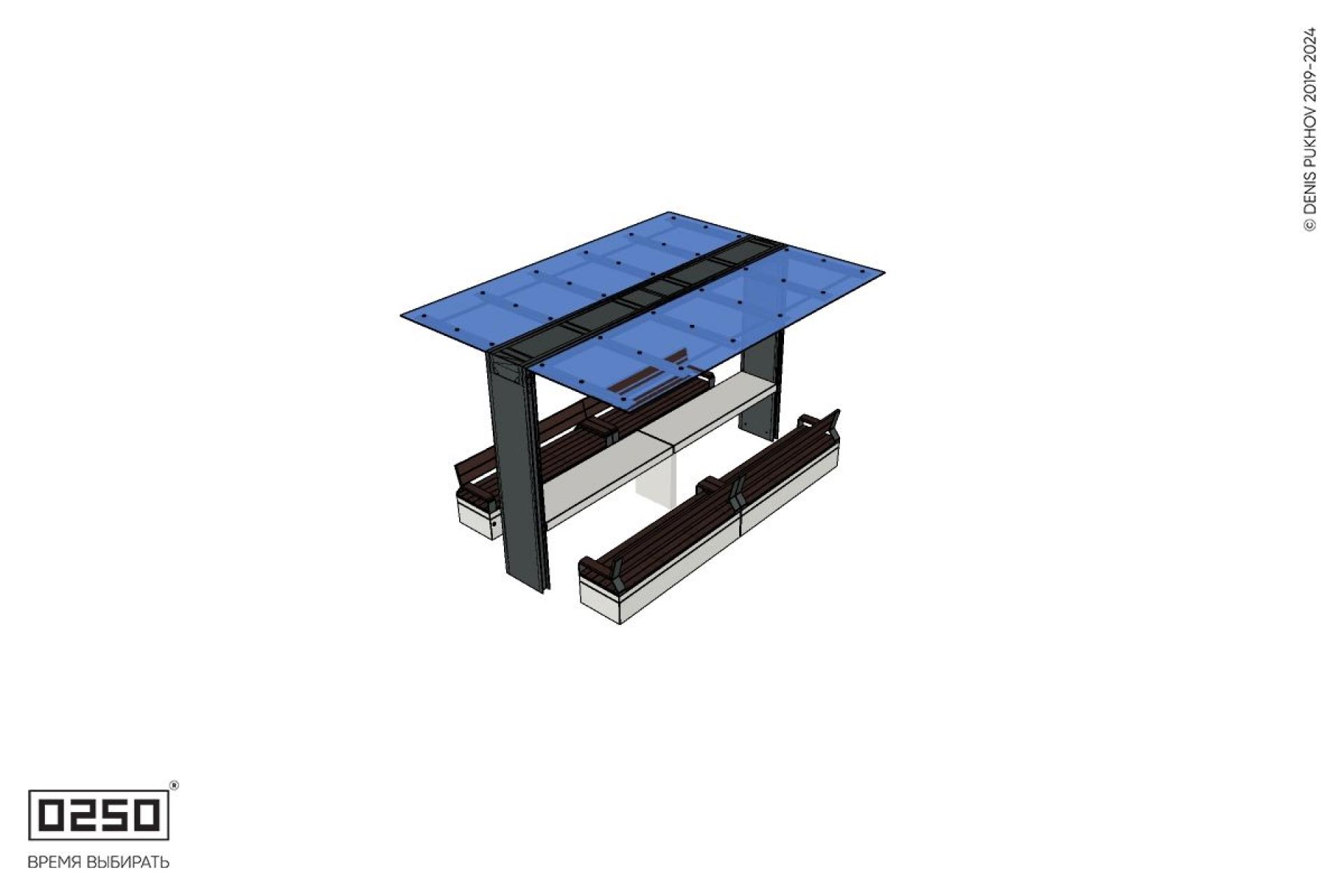 Уличная 2 Двухпролетные скамейки на блоке со спинкой и подлокотниками под навесом Портал со столом производство 0250, modul+