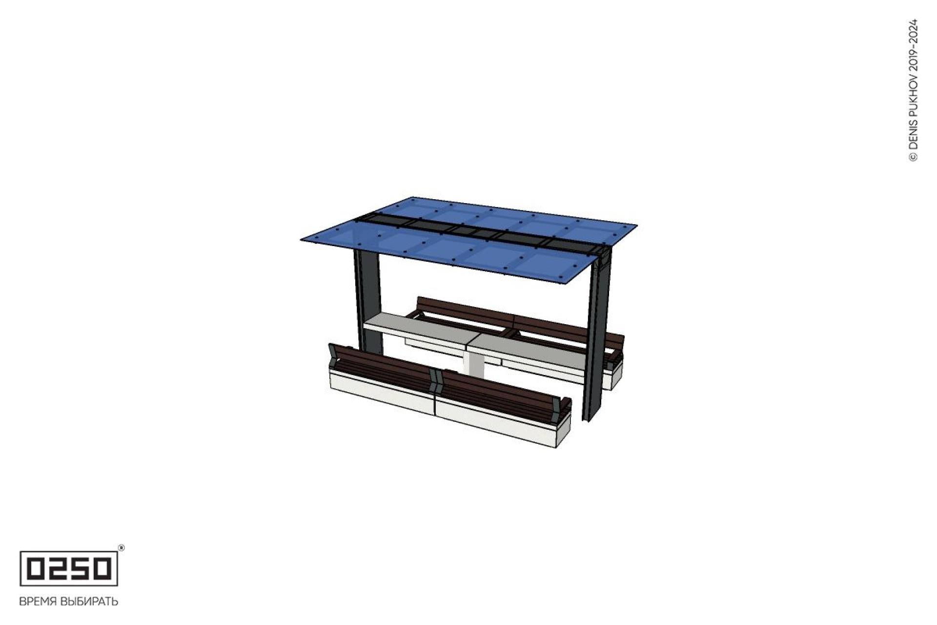 Уличная 2 Двухпролетные скамейки на блоке со спинкой и подлокотниками под навесом Портал со столом производство 0250