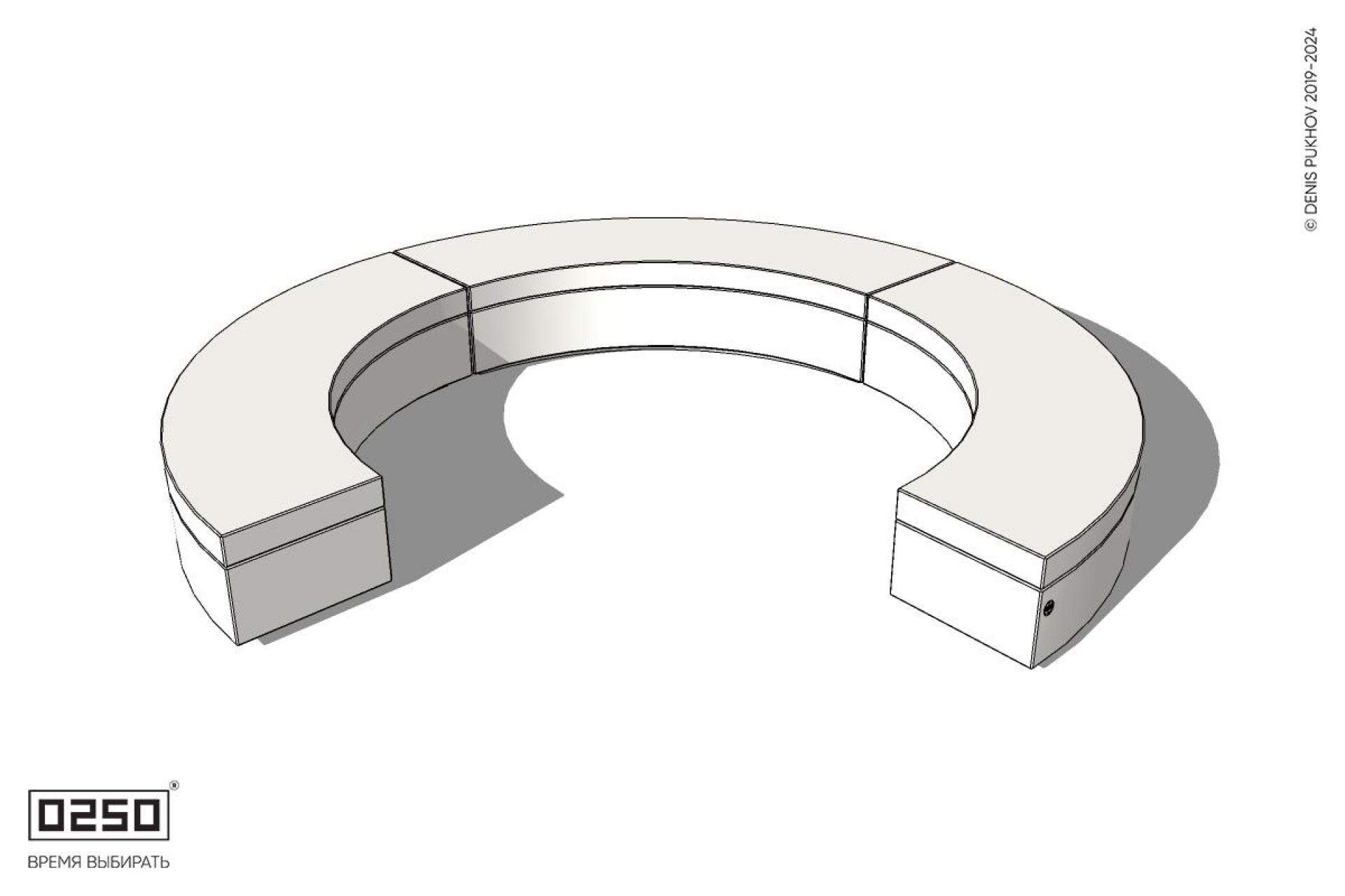 Уличная Бетонная с-образная скамейка трехпролетная  малого радиуса на блоке производство 0250