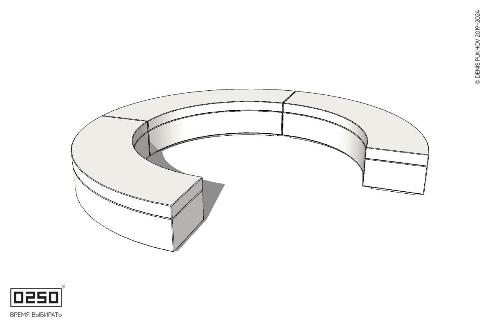 Уличная Бетонная с-образная скамейка трехпролетная  малого радиуса на блоке производство 0250