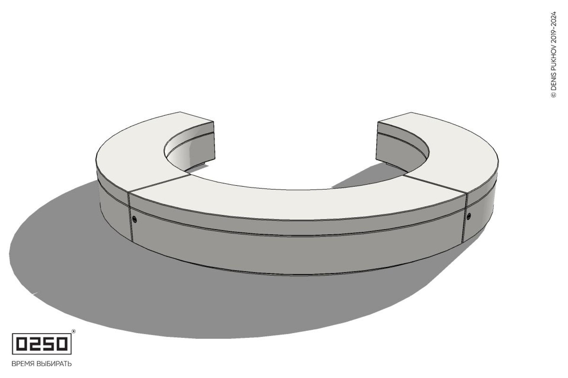 Уличная Бетонная с-образная скамейка трехпролетная  малого радиуса на блоке производство 0250