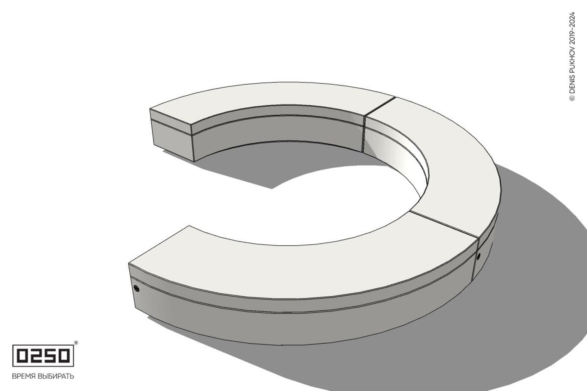 Уличная Бетонная с-образная скамейка трехпролетная  малого радиуса на блоке производство 0250