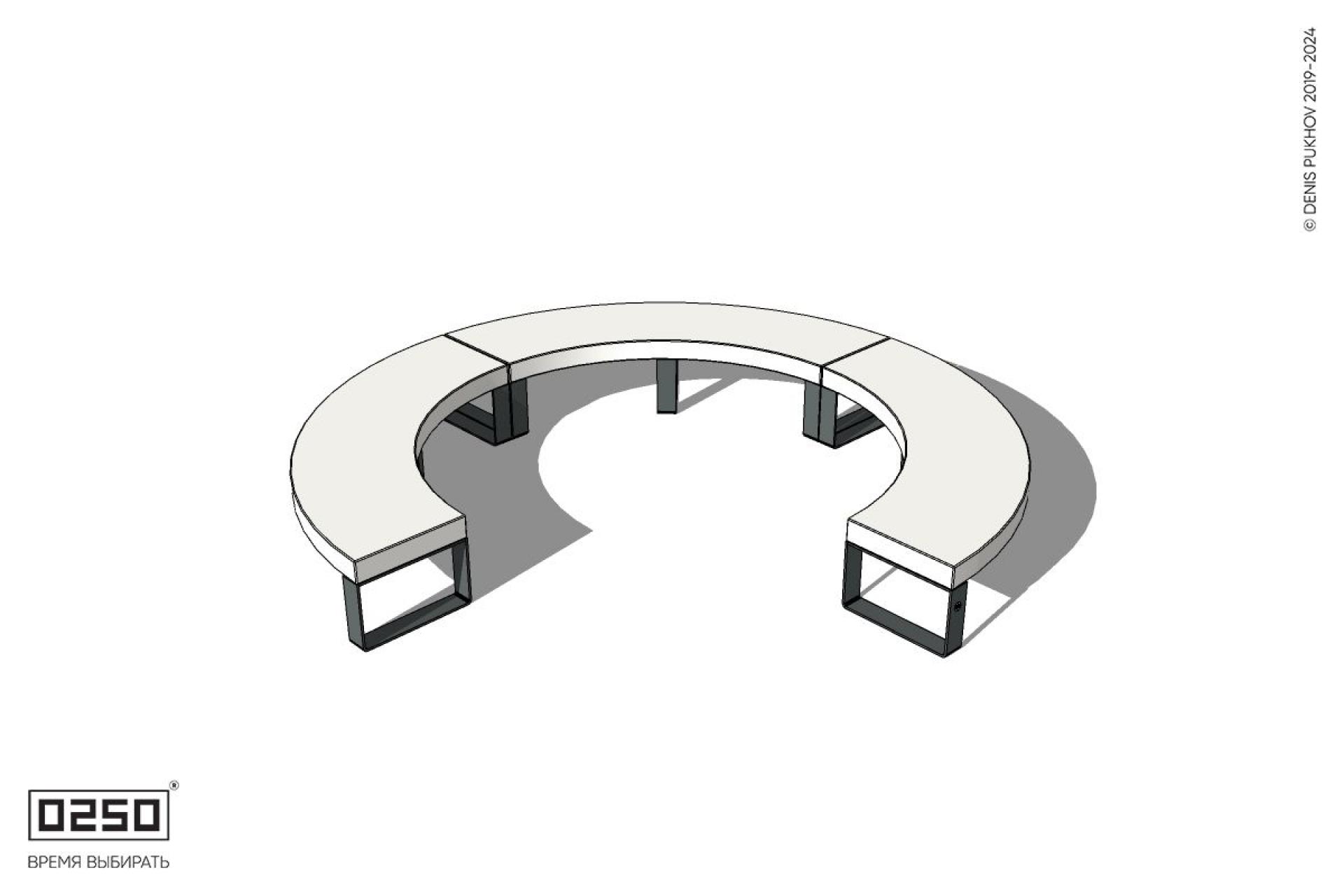 Уличная Бетонная с-образная скамейка трехпролетная малого радиуса на ножках производство 0250