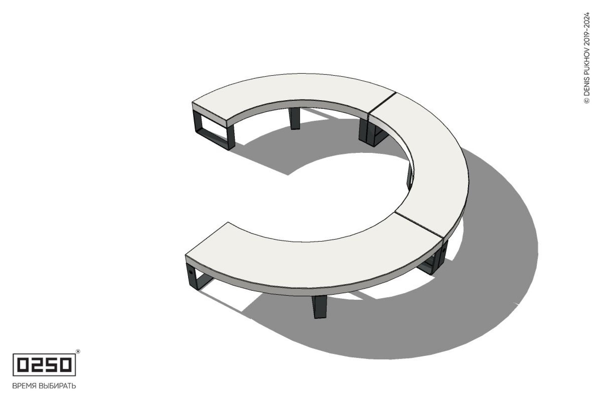 Уличная Бетонная с-образная скамейка трехпролетная малого радиуса на ножках производство 0250