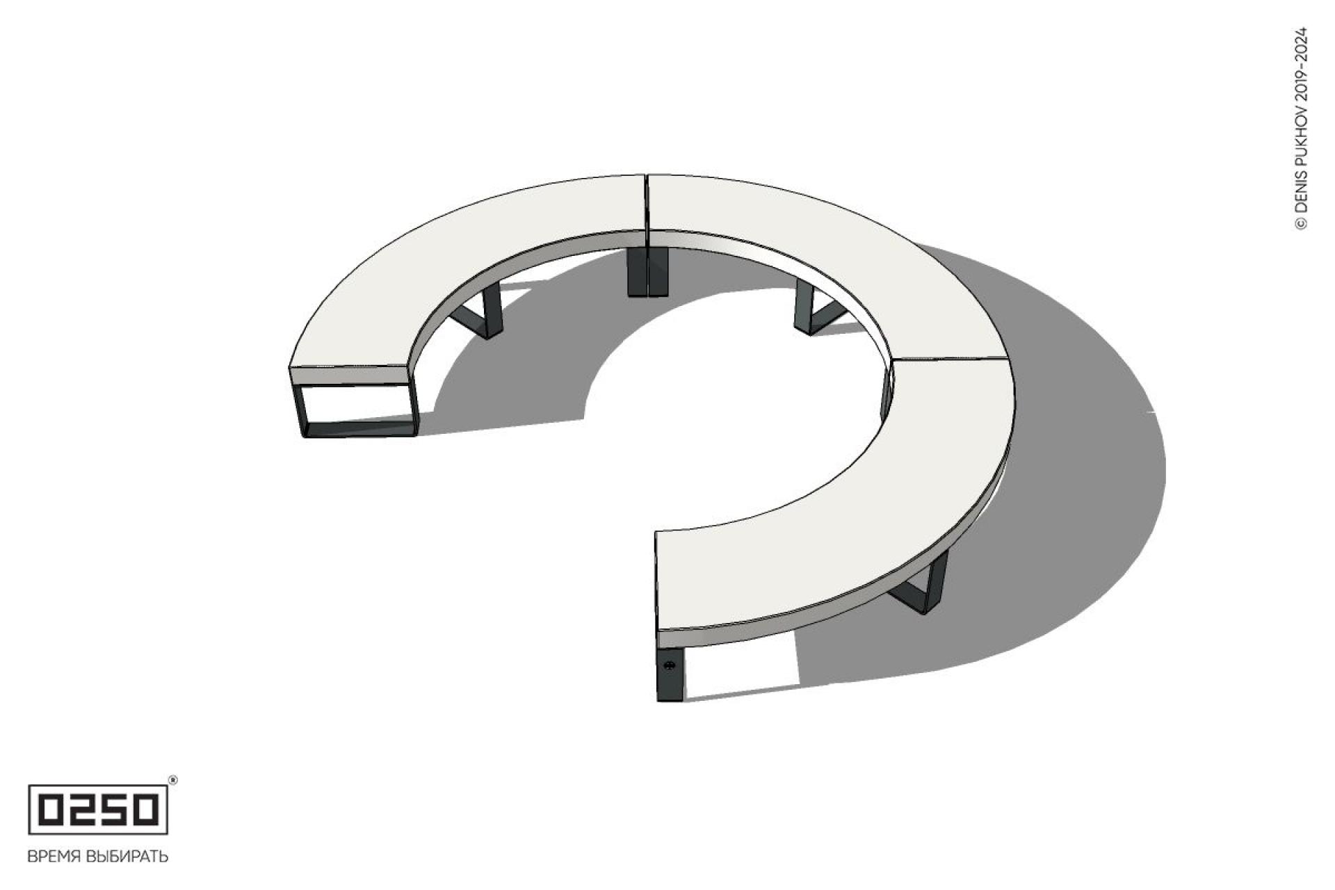 Уличная Бетонная с-образная скамейка трехпролетная малого радиуса на ножках производство 0250