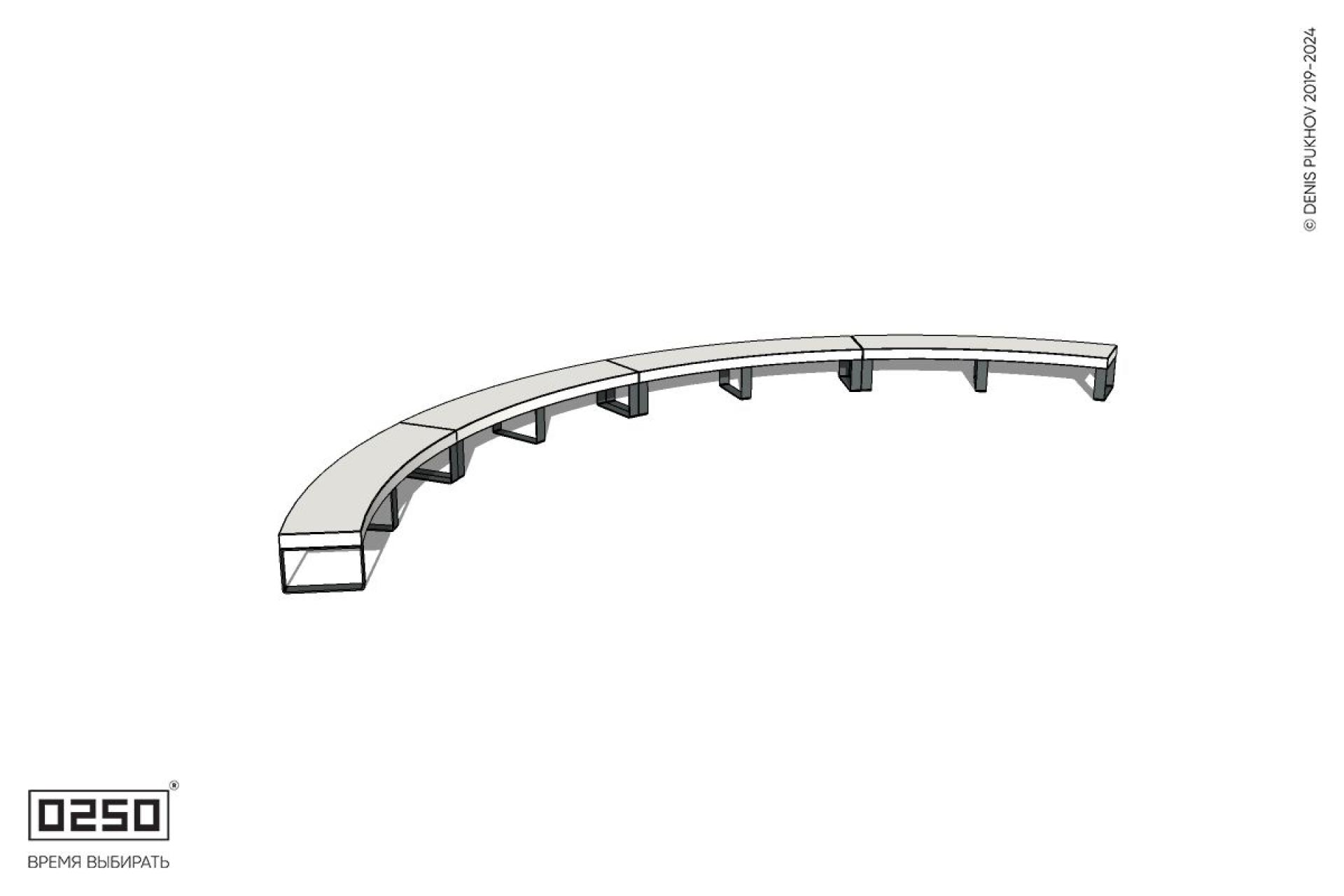 Уличная Бетонная дуговая скамейка большого радиуса четырехпролетная на ножках производство 0250 Уличная Бетонная дуговая скамейка большого радиуса четырехпролетная на ножках производство 0250