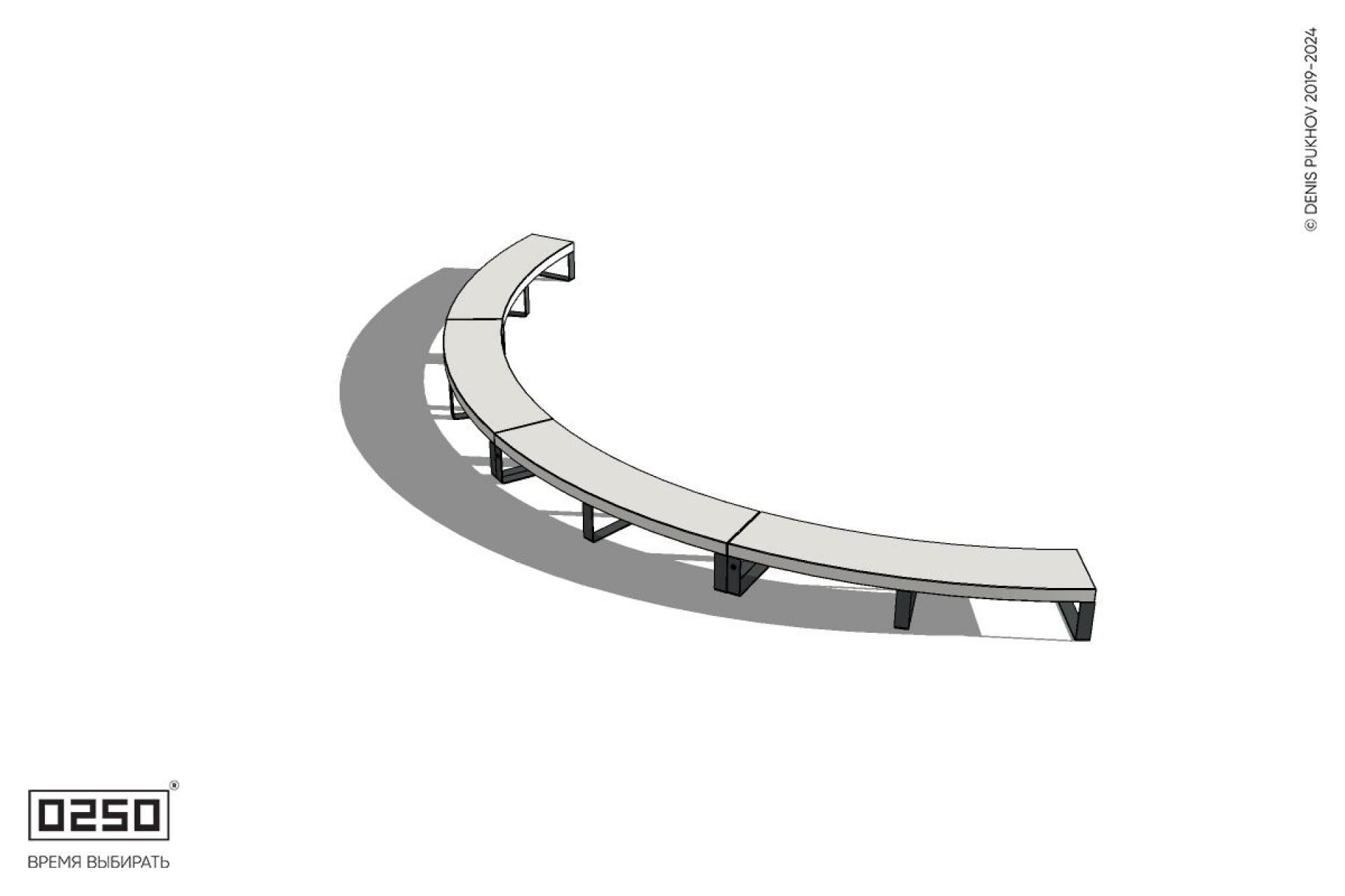 Уличная Бетонная дуговая скамейка большого радиуса четырехпролетная на ножках производство 0250 Уличная Бетонная дуговая скамейка большого радиуса четырехпролетная на ножках производство 0250