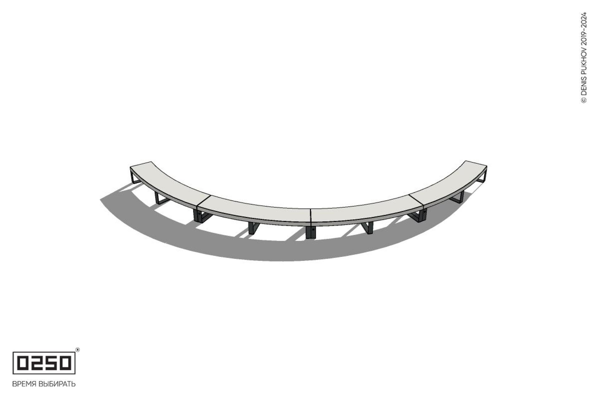 Уличная Бетонная дуговая скамейка большого радиуса четырехпролетная на ножках производство 0250 Уличная Бетонная дуговая скамейка большого радиуса четырехпролетная на ножках производство 0250