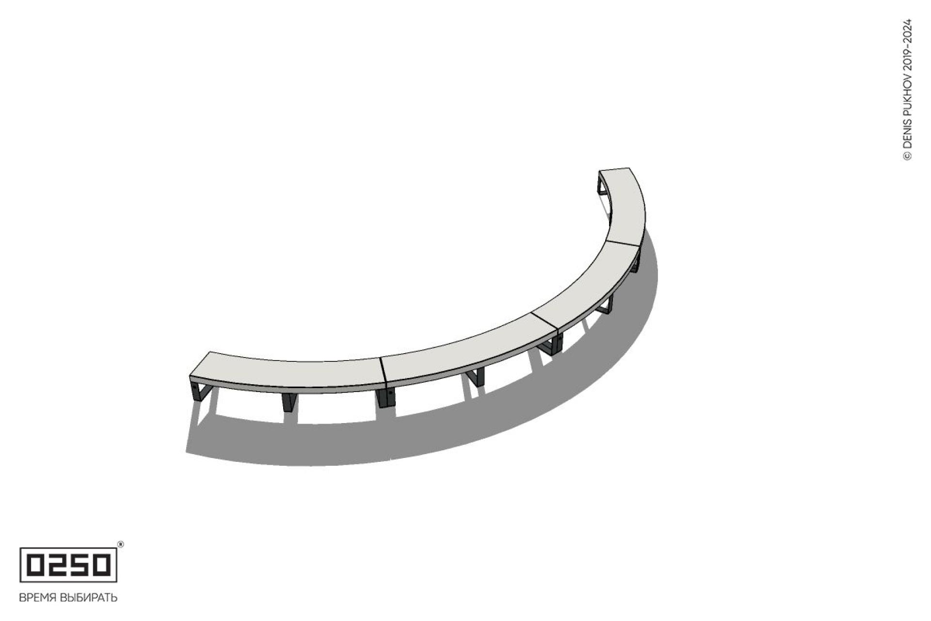 Уличная Бетонная дуговая скамейка большого радиуса четырехпролетная на ножках производство 0250 Уличная Бетонная дуговая скамейка большого радиуса четырехпролетная на ножках производство 0250