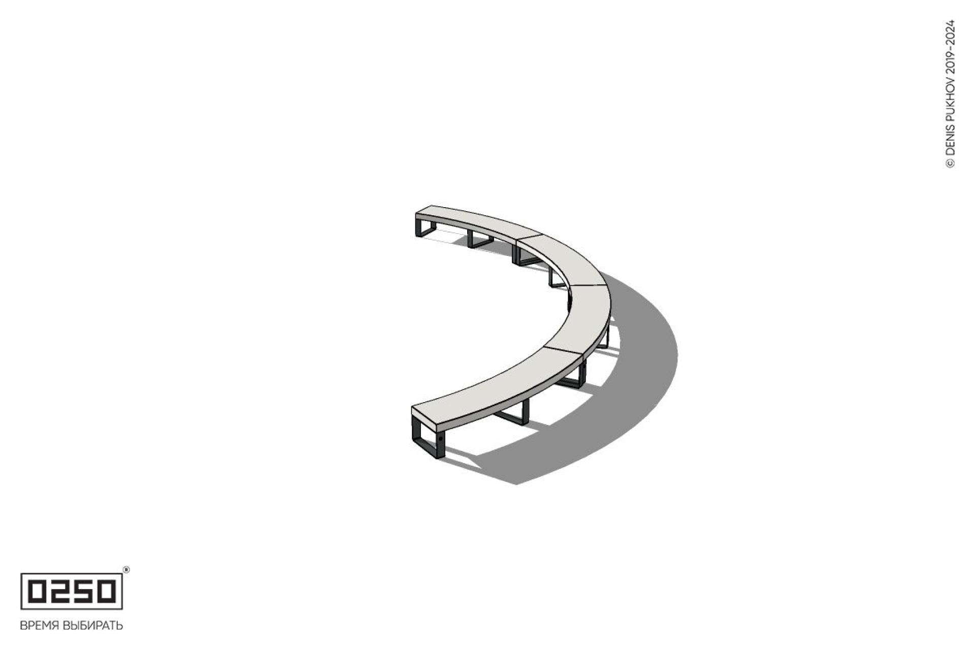 Уличная Бетонная дуговая скамейка большого радиуса четырехпролетная на ножках производство 0250 Уличная Бетонная дуговая скамейка большого радиуса четырехпролетная на ножках производство 0250