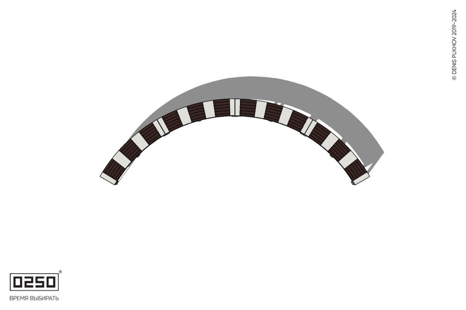 Уличная Скамейка дуговая четырехпролетная большого радиуса на ножках производство 0250 Уличная Скамейка дуговая четырехпролетная большого радиуса на ножках производство 0250