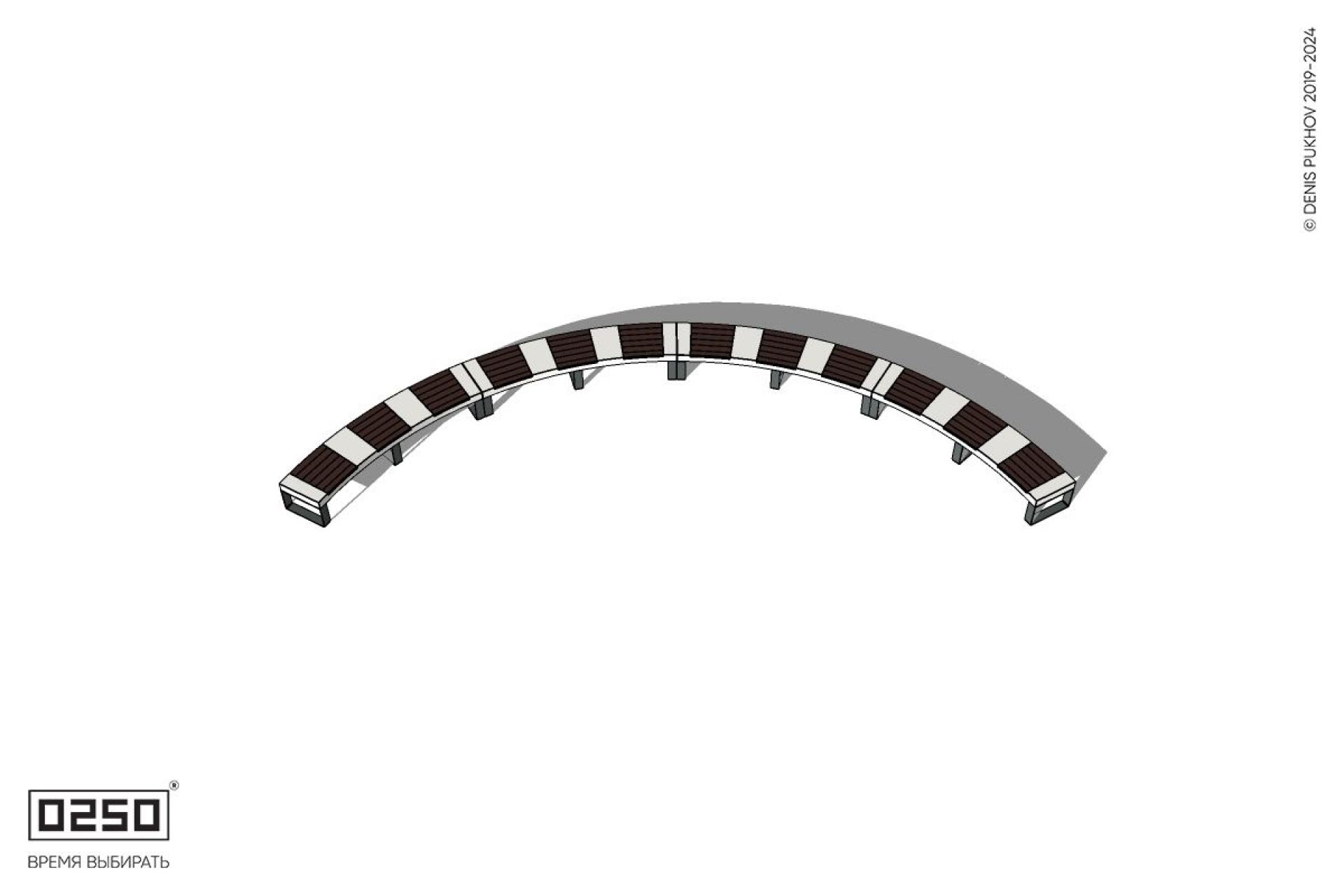 Уличная Скамейка дуговая четырехпролетная большого радиуса на ножках производство 0250 Уличная Скамейка дуговая четырехпролетная большого радиуса на ножках производство 0250