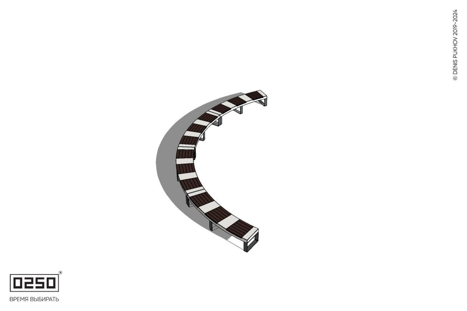 Уличная Скамейка дуговая четырехпролетная большого радиуса на ножках производство 0250 Уличная Скамейка дуговая четырехпролетная большого радиуса на ножках производство 0250