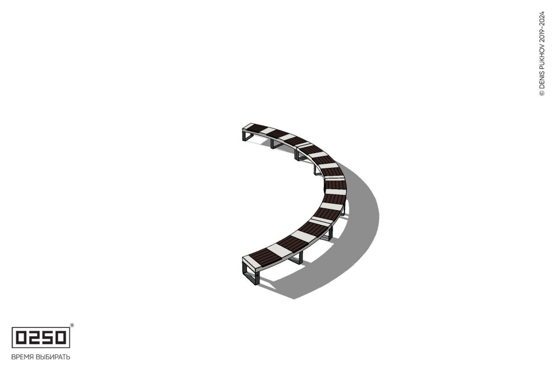 Уличная Скамейка дуговая четырехпролетная большого радиуса на ножках производство 0250 Уличная Скамейка дуговая четырехпролетная большого радиуса на ножках производство 0250