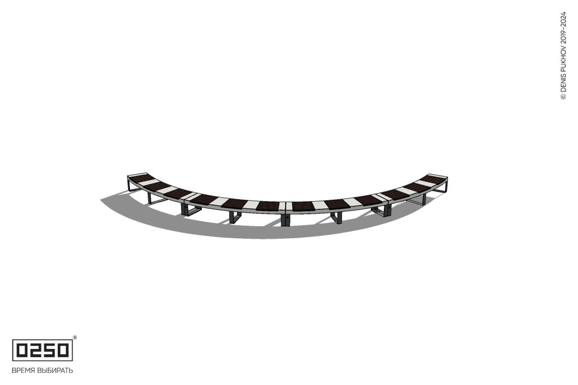 Уличная Скамейка дуговая четырехпролетная большого радиуса на ножках производство 0250 Уличная Скамейка дуговая четырехпролетная большого радиуса на ножках производство 0250