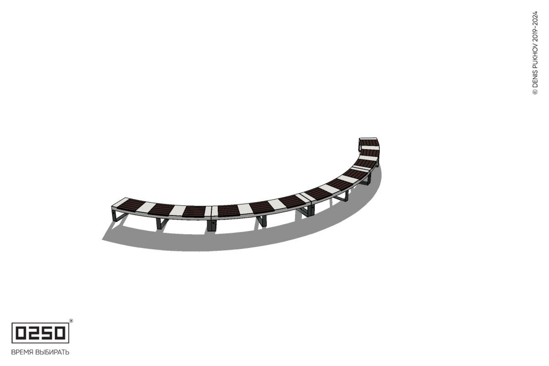 Уличная Скамейка дуговая четырехпролетная большого радиуса на ножках производство 0250 Уличная Скамейка дуговая четырехпролетная большого радиуса на ножках производство 0250