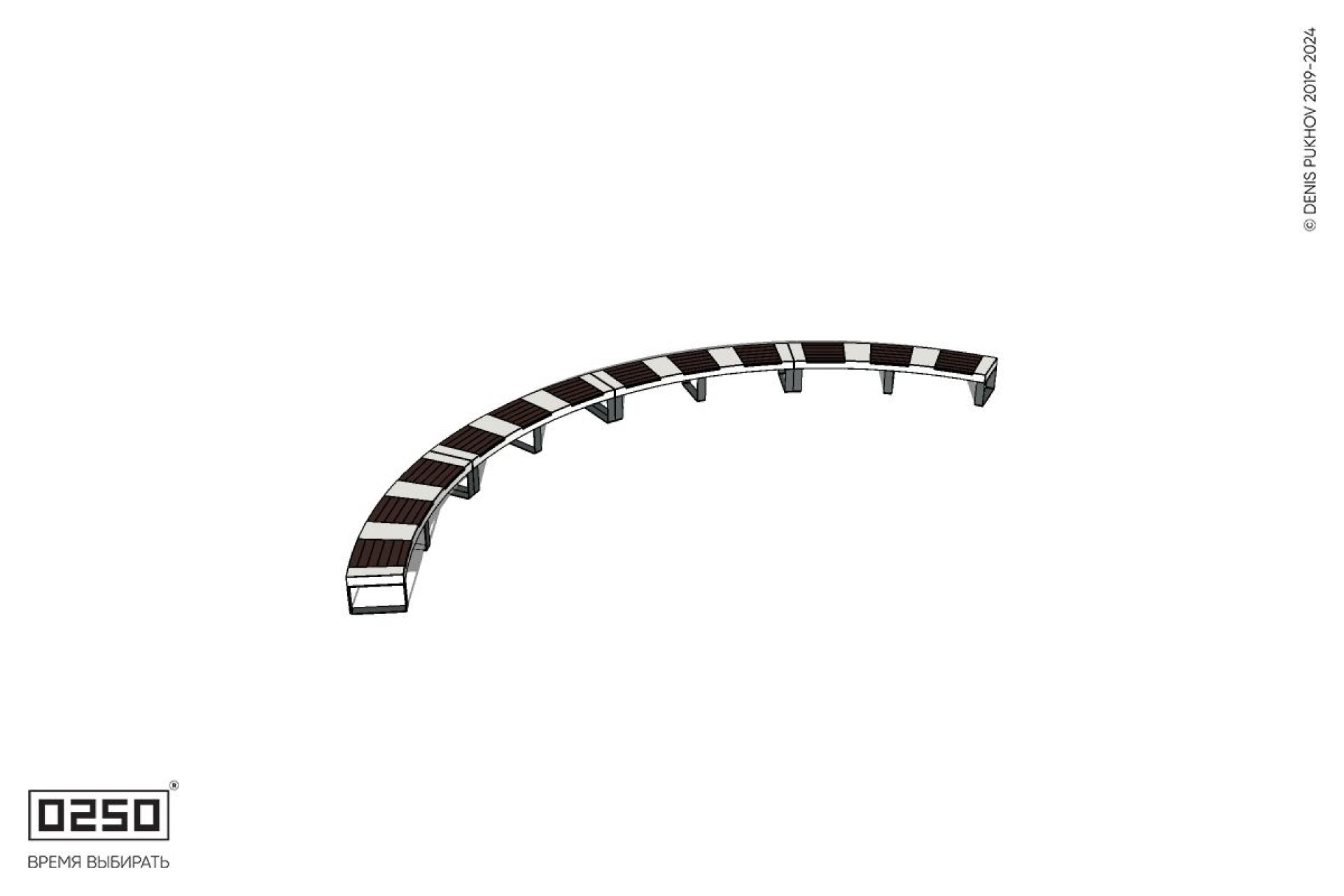 Уличная Скамейка дуговая четырехпролетная большого радиуса на ножках производство 0250 Уличная Скамейка дуговая четырехпролетная большого радиуса на ножках производство 0250