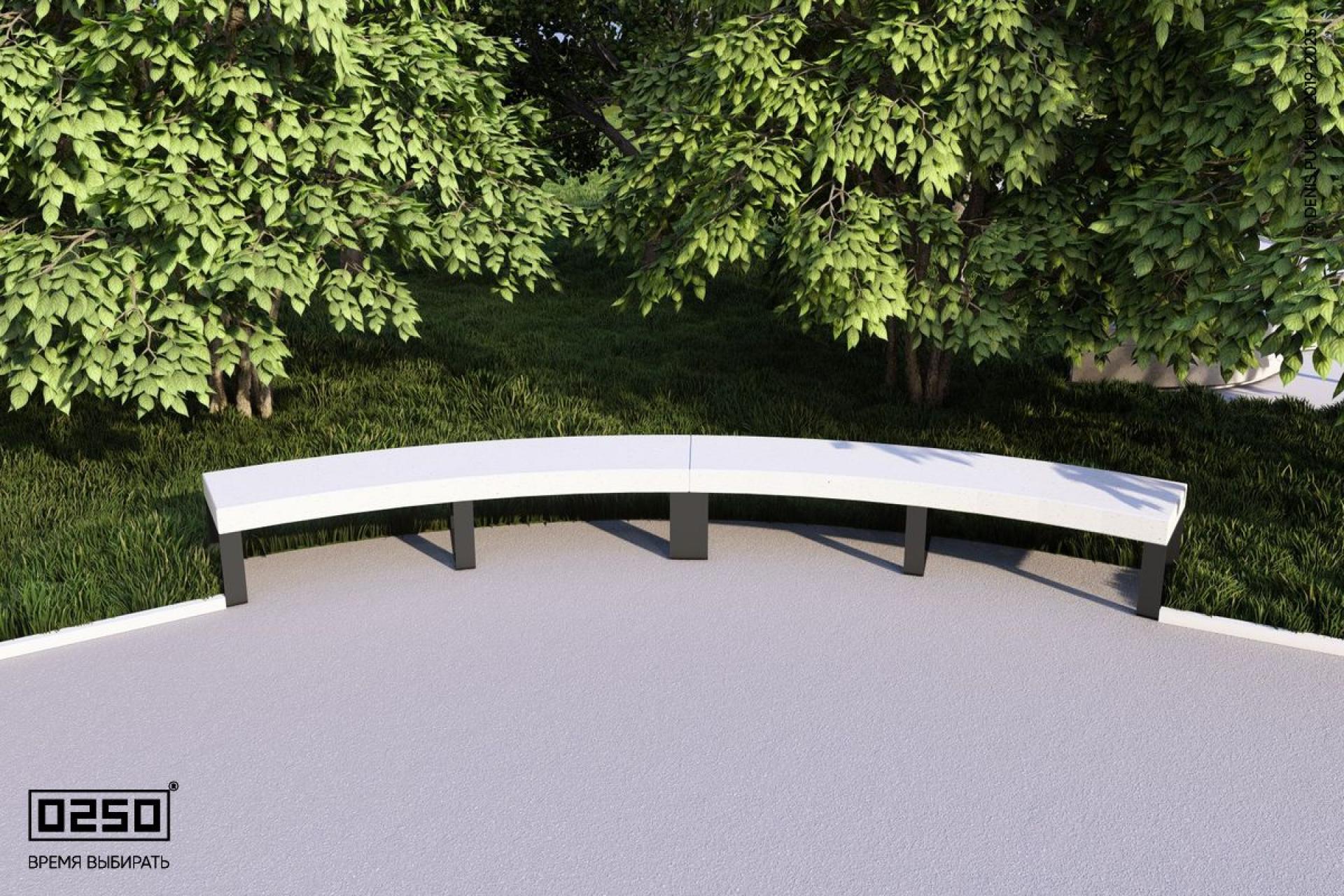 Визуализация: Модульная дуговая двухпролетная скамейка большого радиуса на ножках с рамой из ультрабетона белого цвета