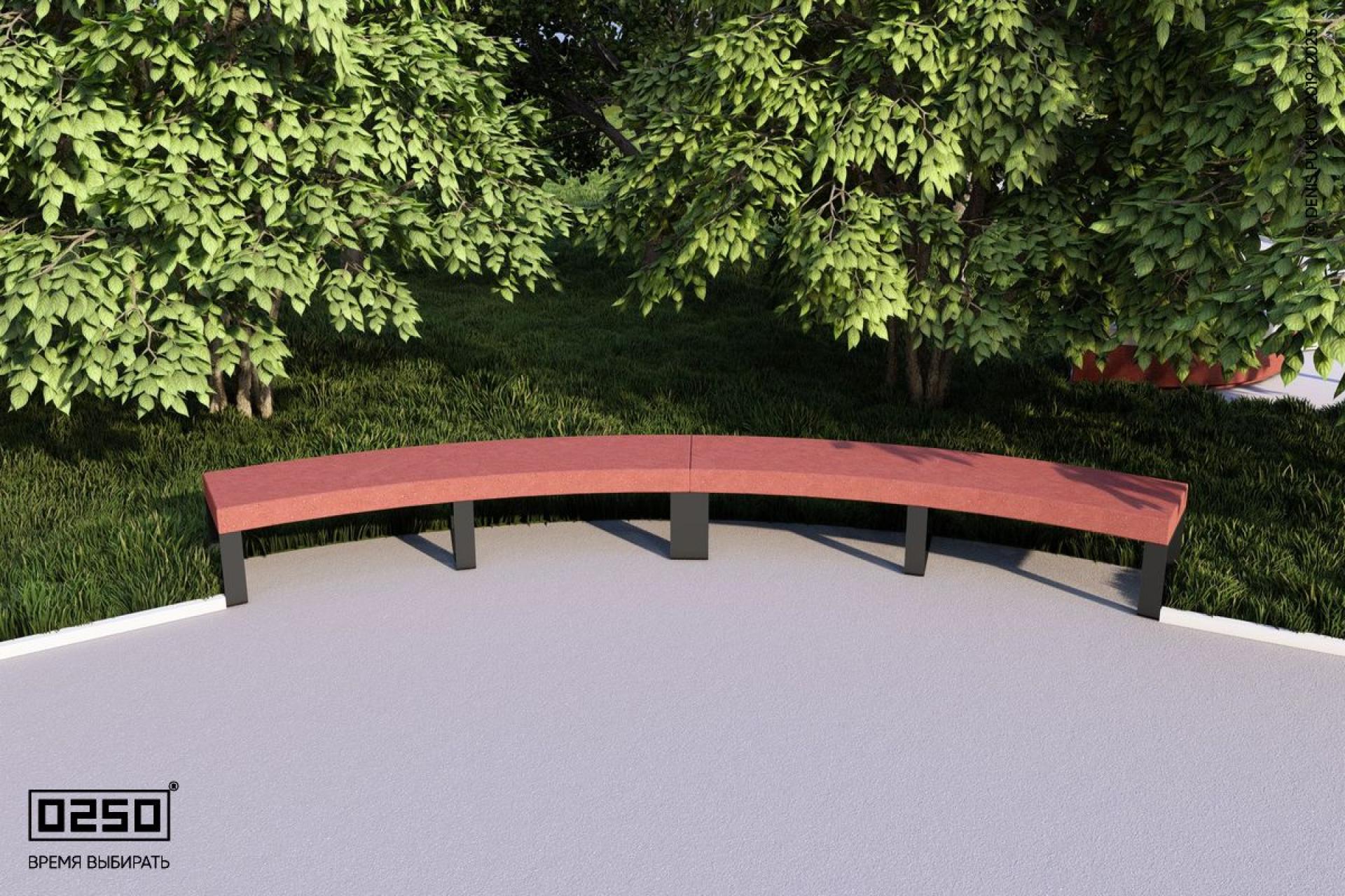 Визуализация: Модульная дуговая двухпролетная скамейка большого радиуса на ножках с рамой из ультрабетона красного цвета