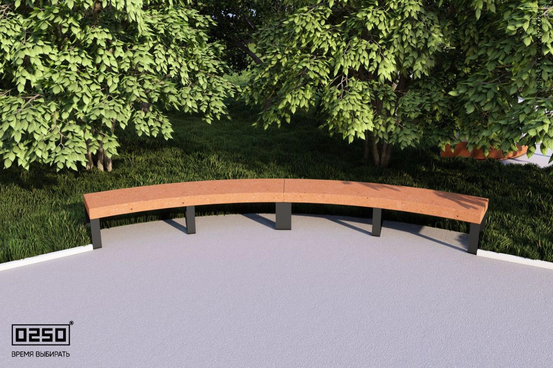 Визуализация: Модульная дуговая двухпролетная скамейка большого радиуса на ножках с рамой из ультрабетона оранжевого цвета