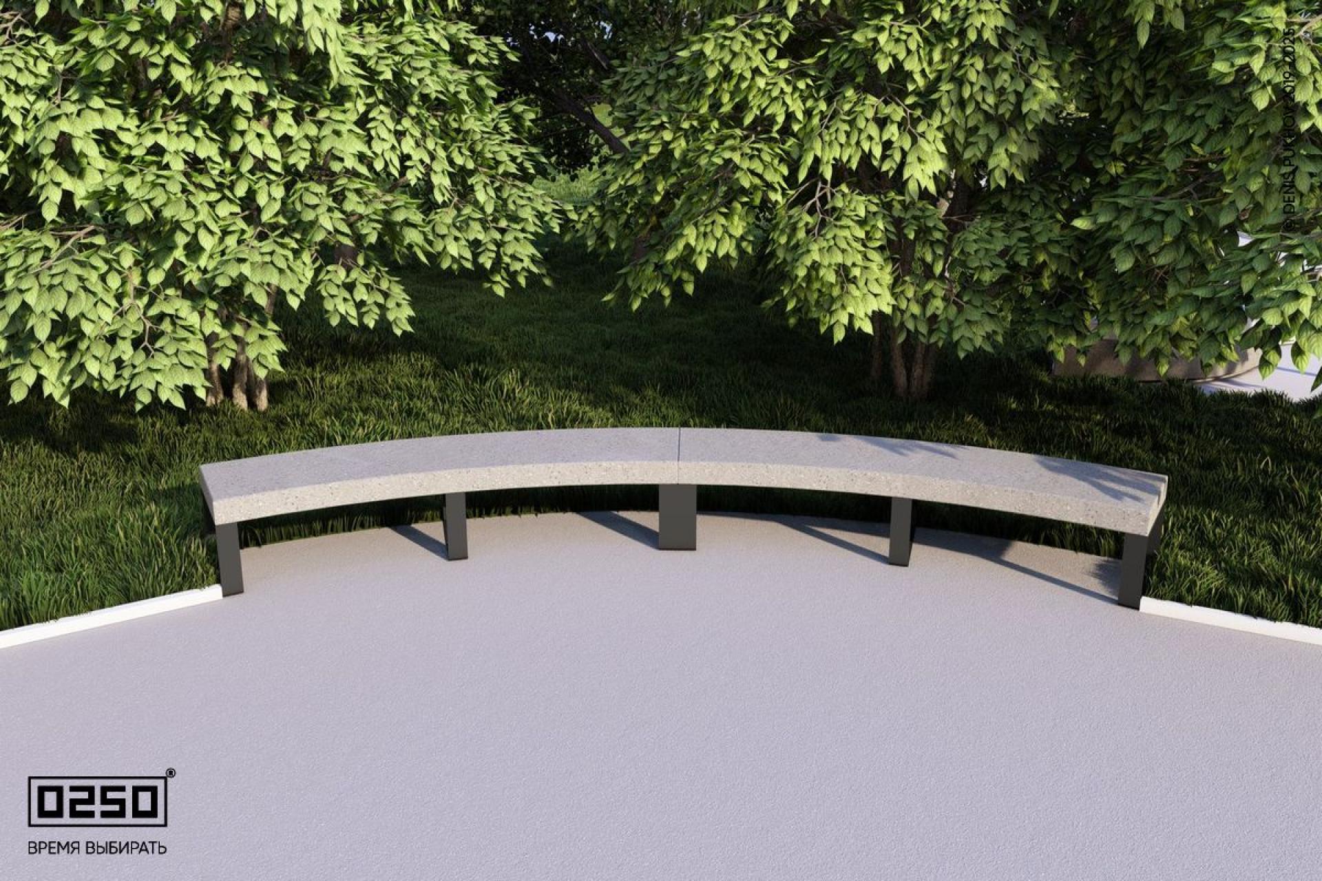 Визуализация: Модульная дуговая двухпролетная скамейка большого радиуса на ножках с рамой из ультрабетона серого цвета