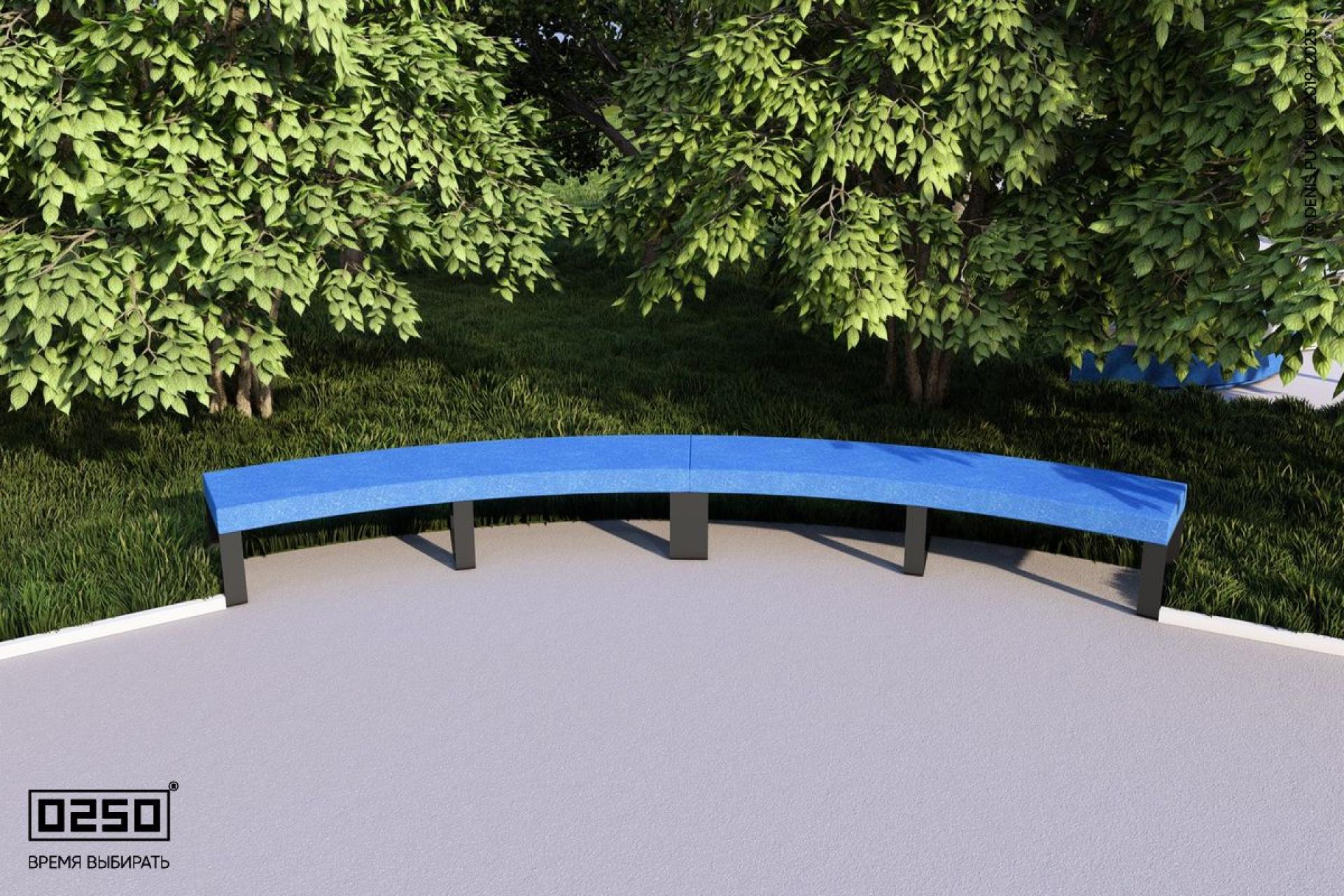 Визуализация: Модульная дуговая двухпролетная скамейка большого радиуса на ножках с рамой из ультрабетона голубого цвета