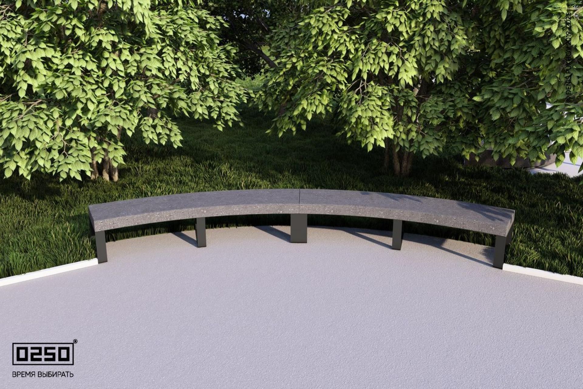 Визуализация: Модульная дуговая двухпролетная скамейка большого радиуса на ножках с рамой из ультрабетона черного цвета