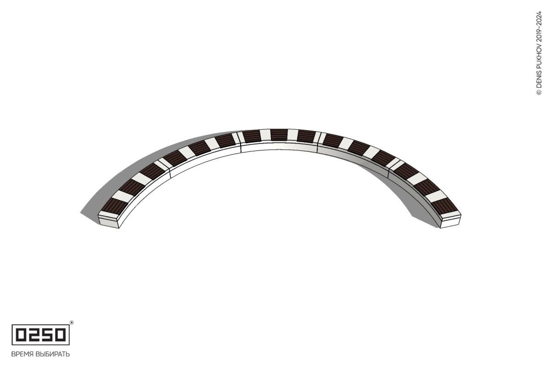 Уличная Скамейка дуговая пятипролетная большого радиуса на блоке производство 0250 Уличная Скамейка дуговая пятипролетная большого радиуса на блоке производство 0250