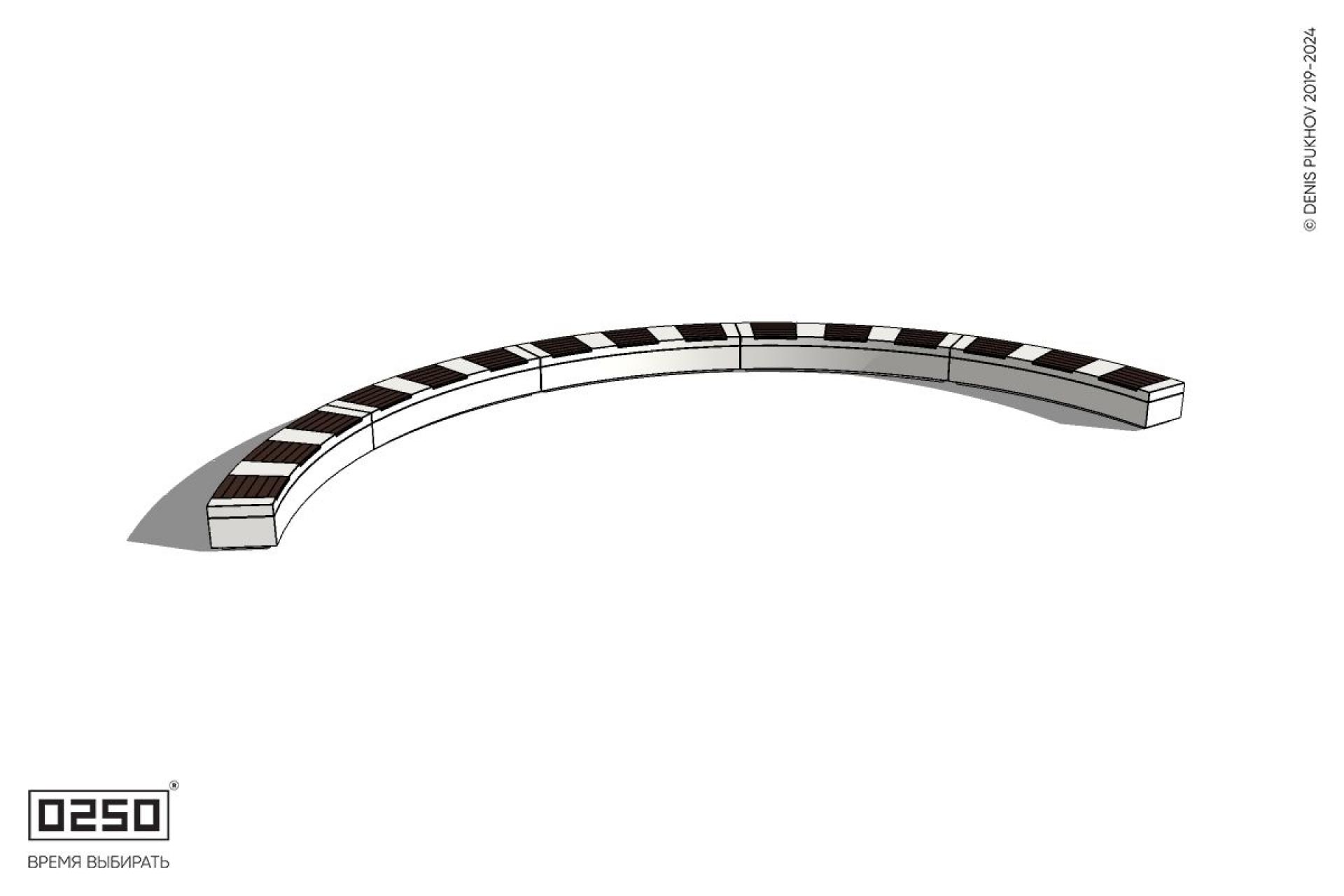 Уличная Скамейка дуговая пятипролетная большого радиуса на блоке производство 0250 Уличная Скамейка дуговая пятипролетная большого радиуса на блоке производство 0250