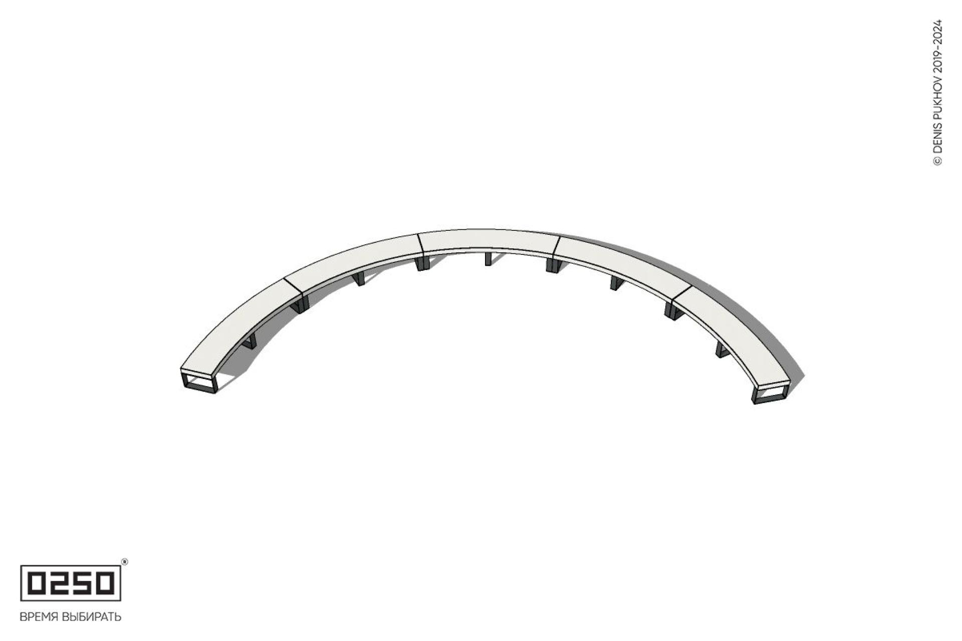 Уличная Бетонная дуговая скамейка большого радиуса пятипролетная на ножках производство 0250