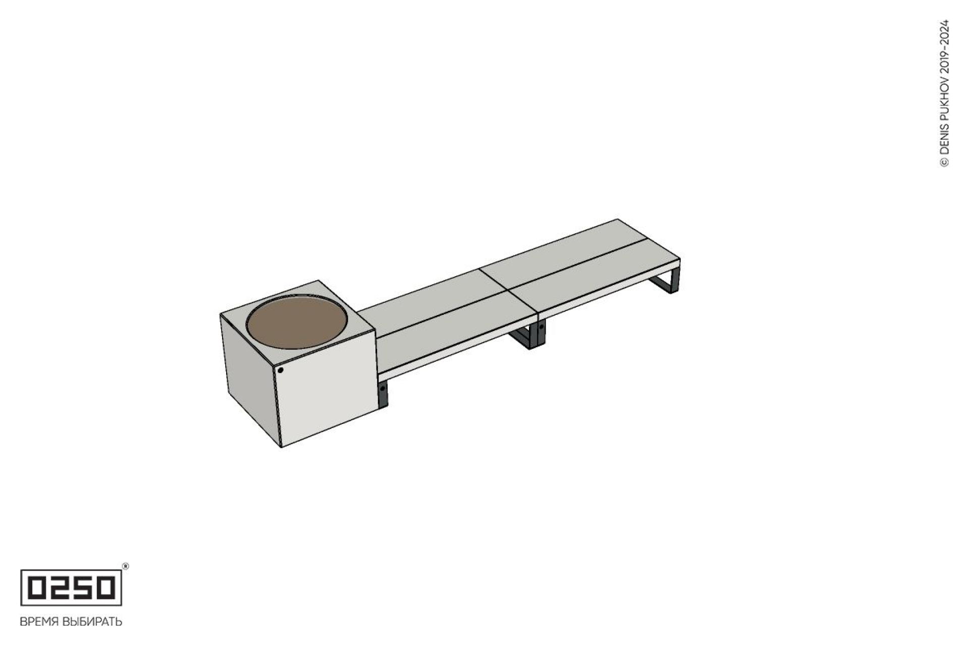 Уличная Бетонная двухпролетная двухсторонняя скамейка на ножках с вазоном Кубэ 1100 производство 0250, modul+