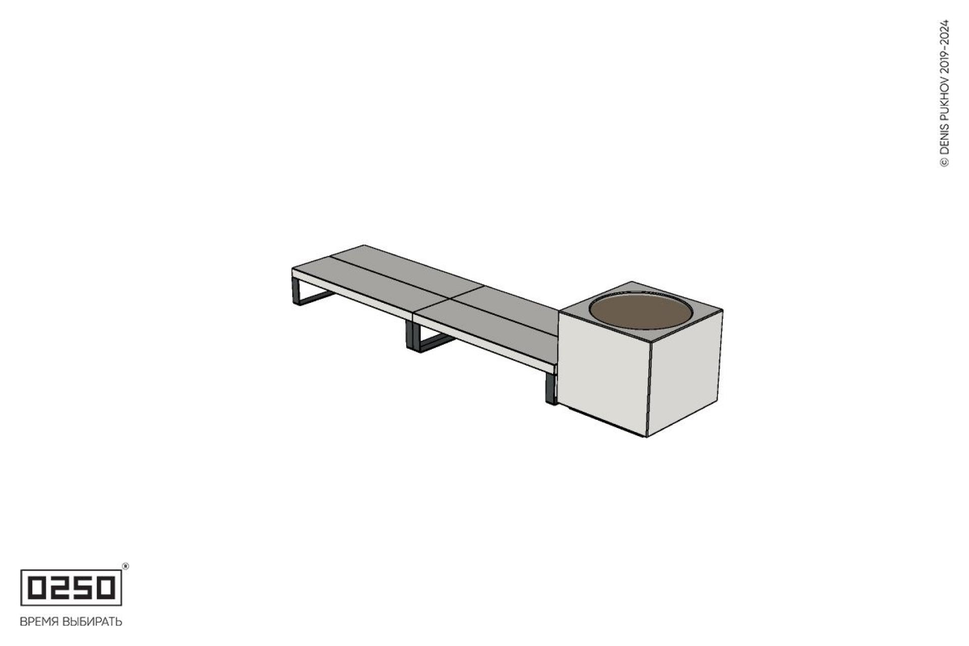 Уличная Бетонная двухпролетная двухсторонняя скамейка на ножках с вазоном Кубэ 1100 производство 0250