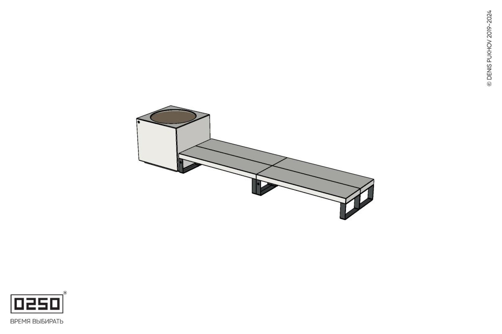 Уличная Бетонная двухпролетная двухсторонняя скамейка на ножках с вазоном Кубэ 1100 производство 0250