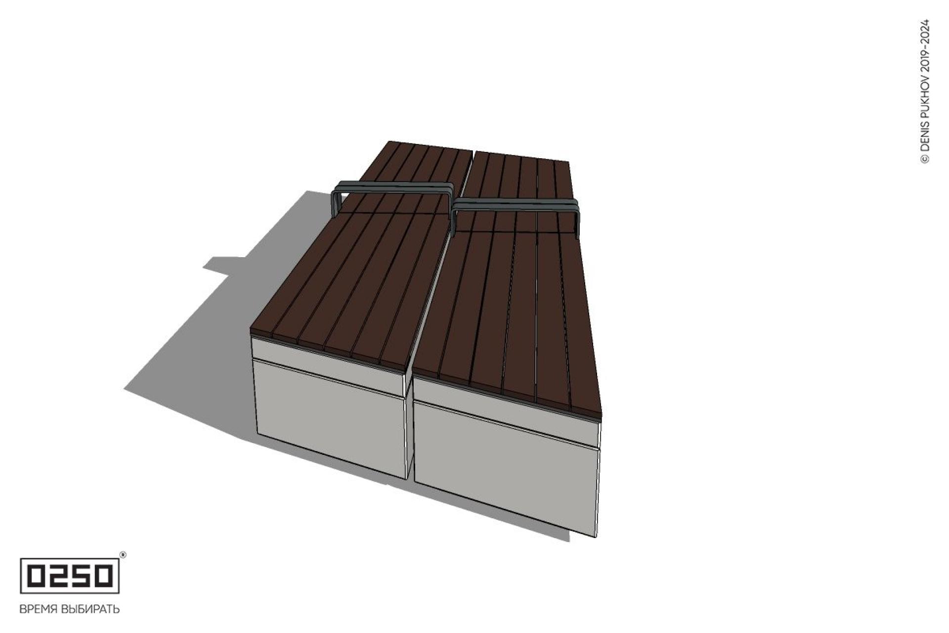 Уличная Скамейка параллелограммная правая двухсторонняя двухпролетная укороченная с подлокотниками на блоке производство 0250 Уличная Скамейка параллелограммная правая двухсторонняя двухпролетная укороченная с подлокотниками на блоке производство 0250