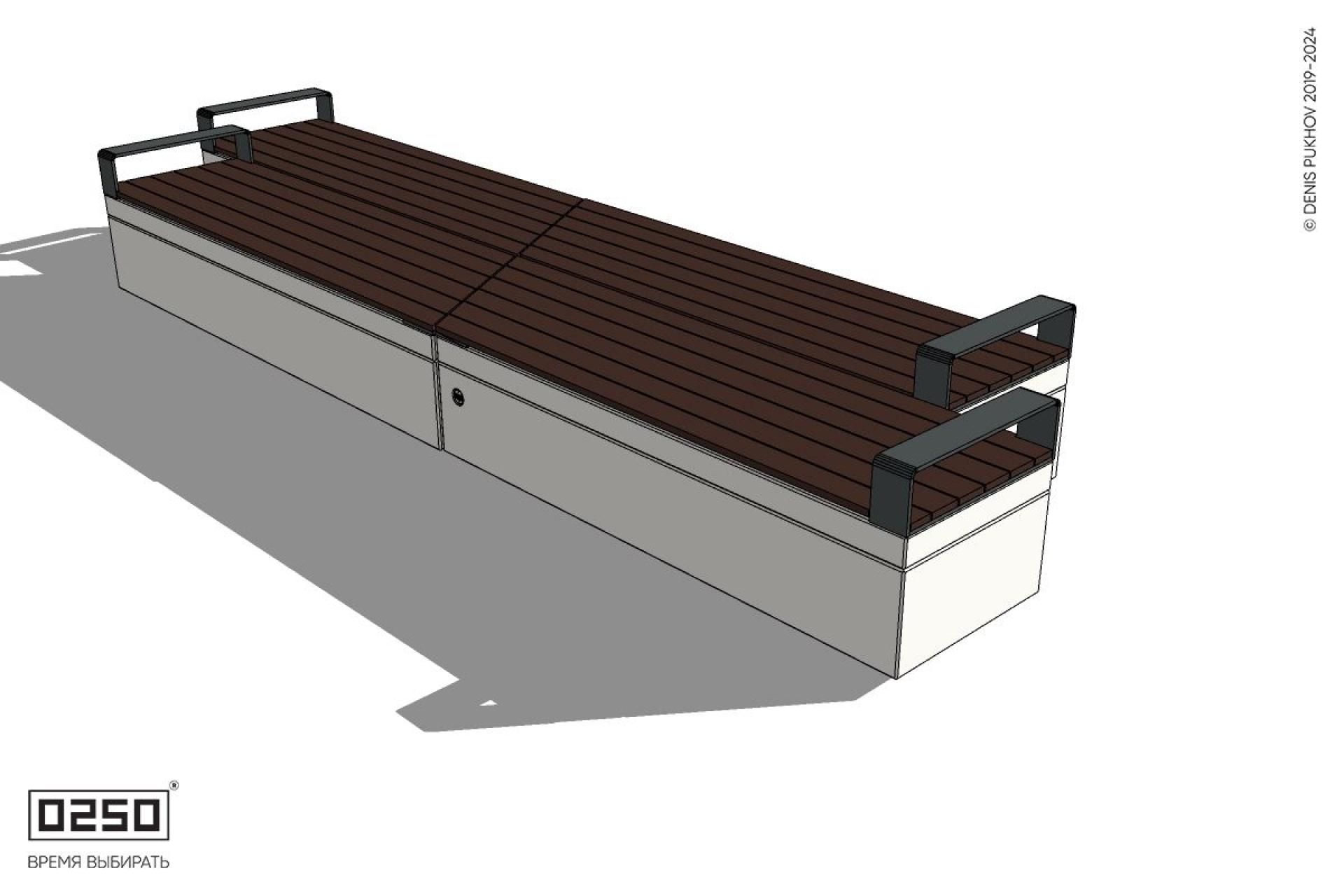 Уличная Скамейка двухсторонняя двухпролетная со сдвигом и подлокотниками на блоке производство 0250