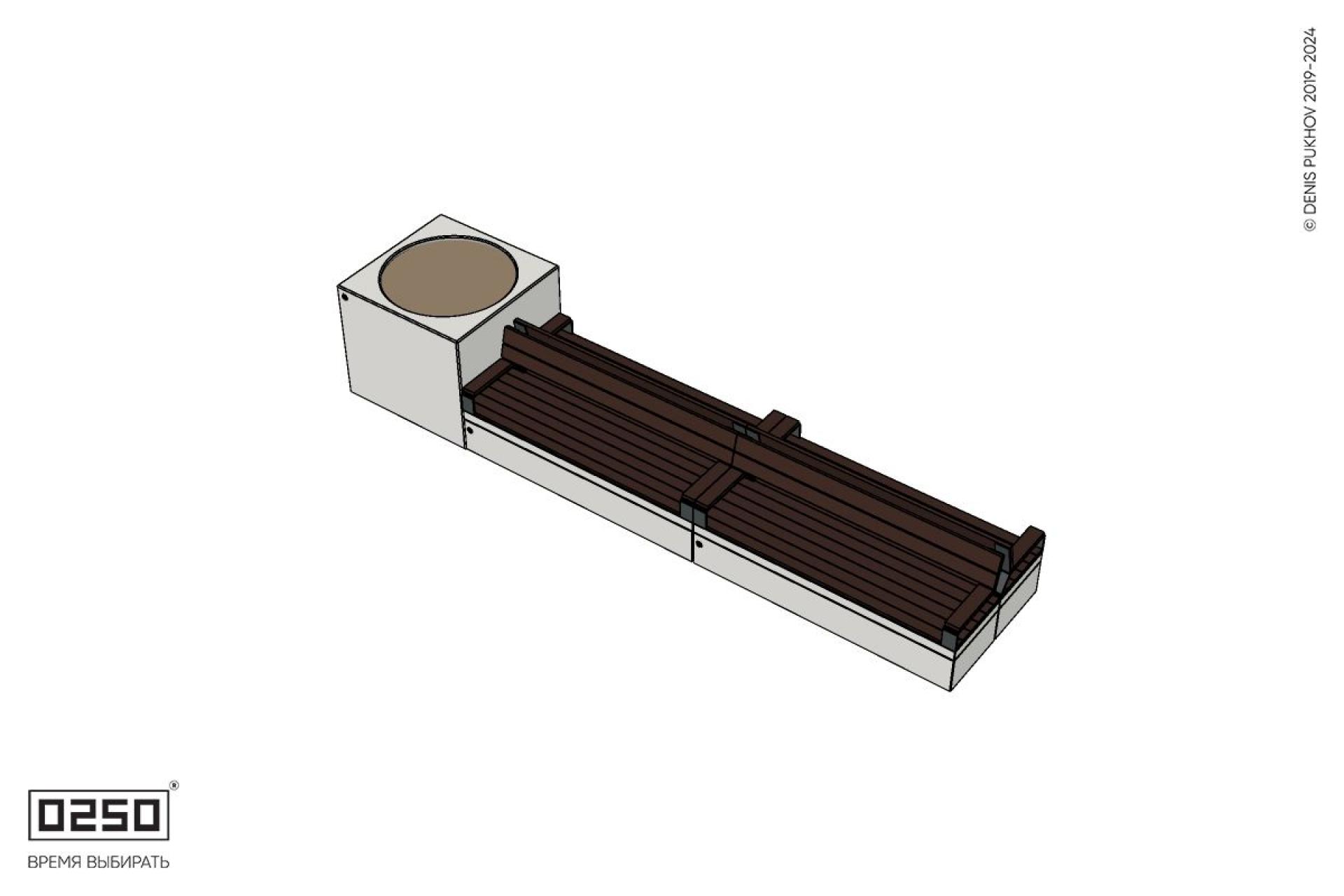 Уличная Скамейка двухсторонняя двухпролетная со спинкой и подлокотниками  на блоке с вазоном  Кубэ 1100 производство 0250