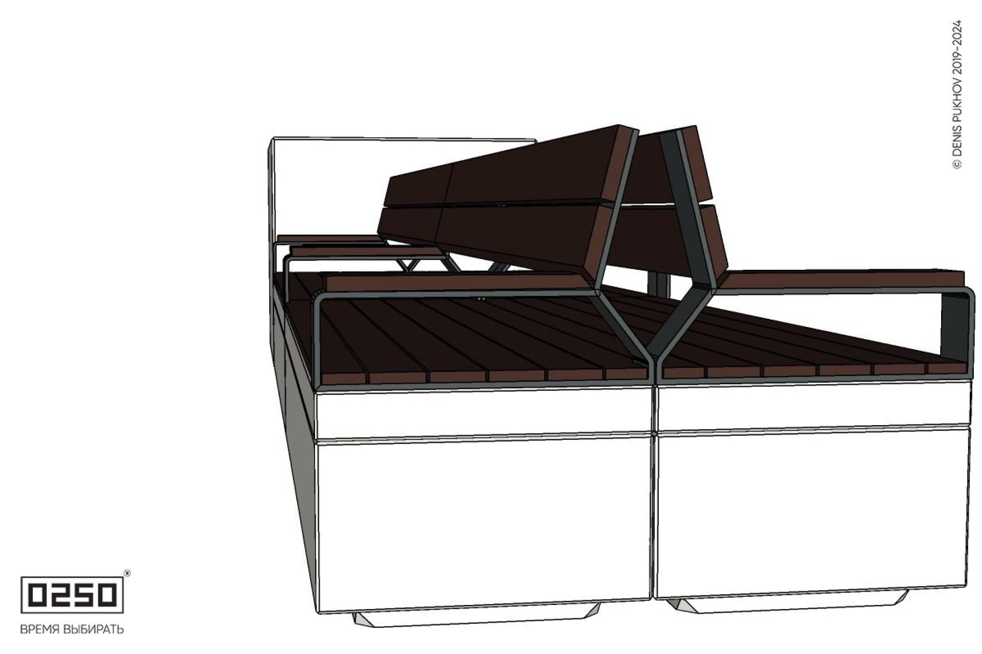 Уличная Скамейка двухсторонняя двухпролетная со спинкой и подлокотниками  на блоке с вазоном  Кубэ 1100 производство 0250