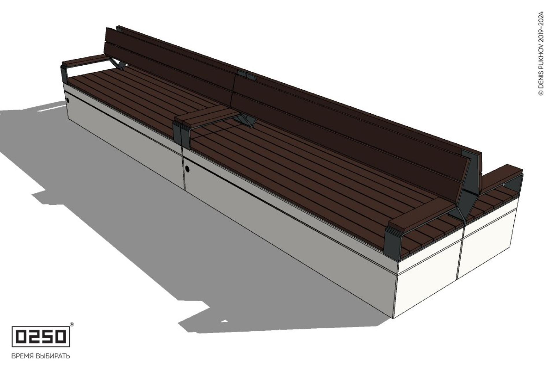 Уличная Скамейка двухсторонняя двухпролетная со спинкой и подлокотниками на блоке производство 0250 Уличная Скамейка двухсторонняя двухпролетная со спинкой и подлокотниками на блоке производство 0250