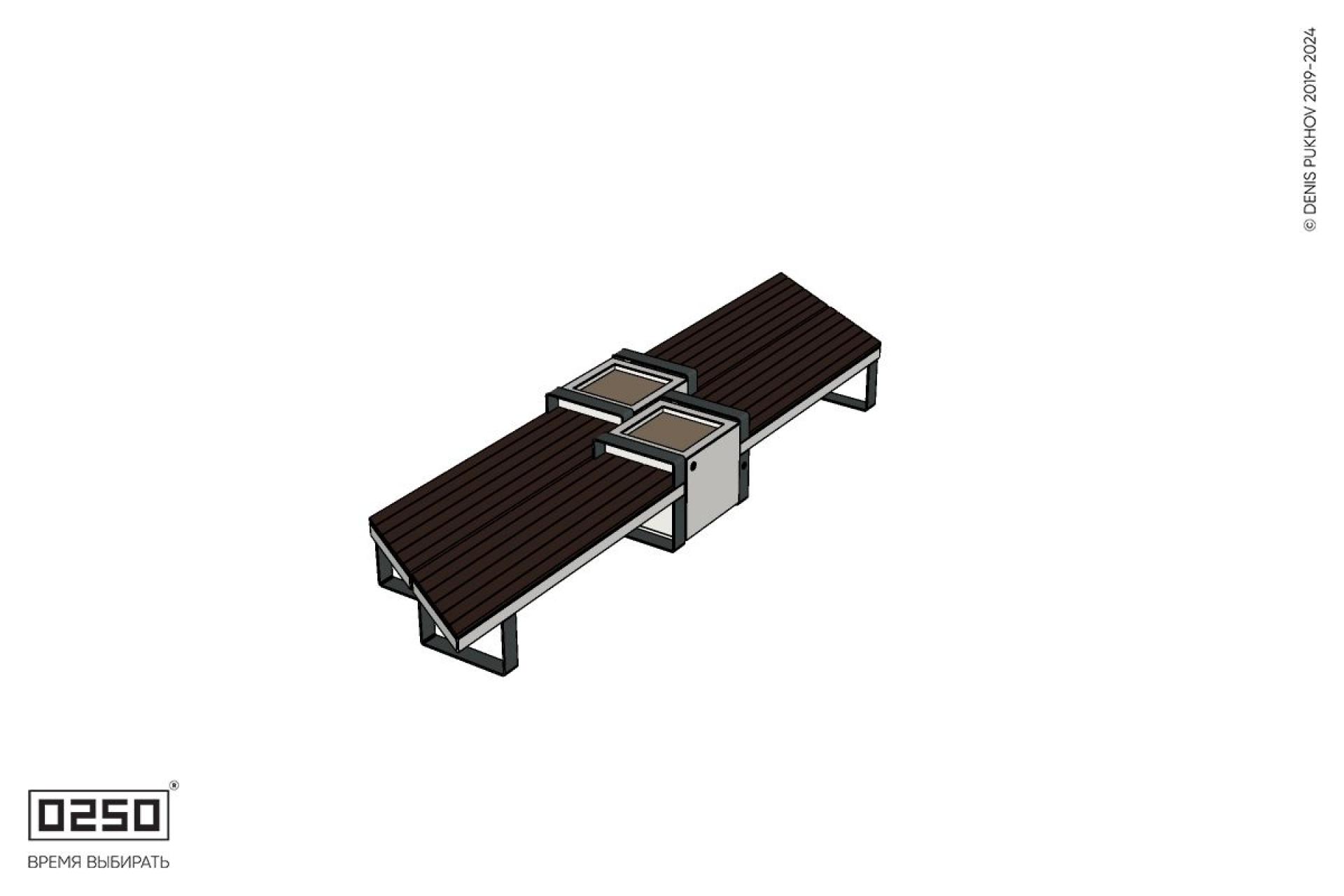 Уличная Скамейка параллелограммная правая двухсторонняя двухпролетная укороченная с подлокотниками на ножках с двумя вазонами Кубэ 550 производство 0250, modul+