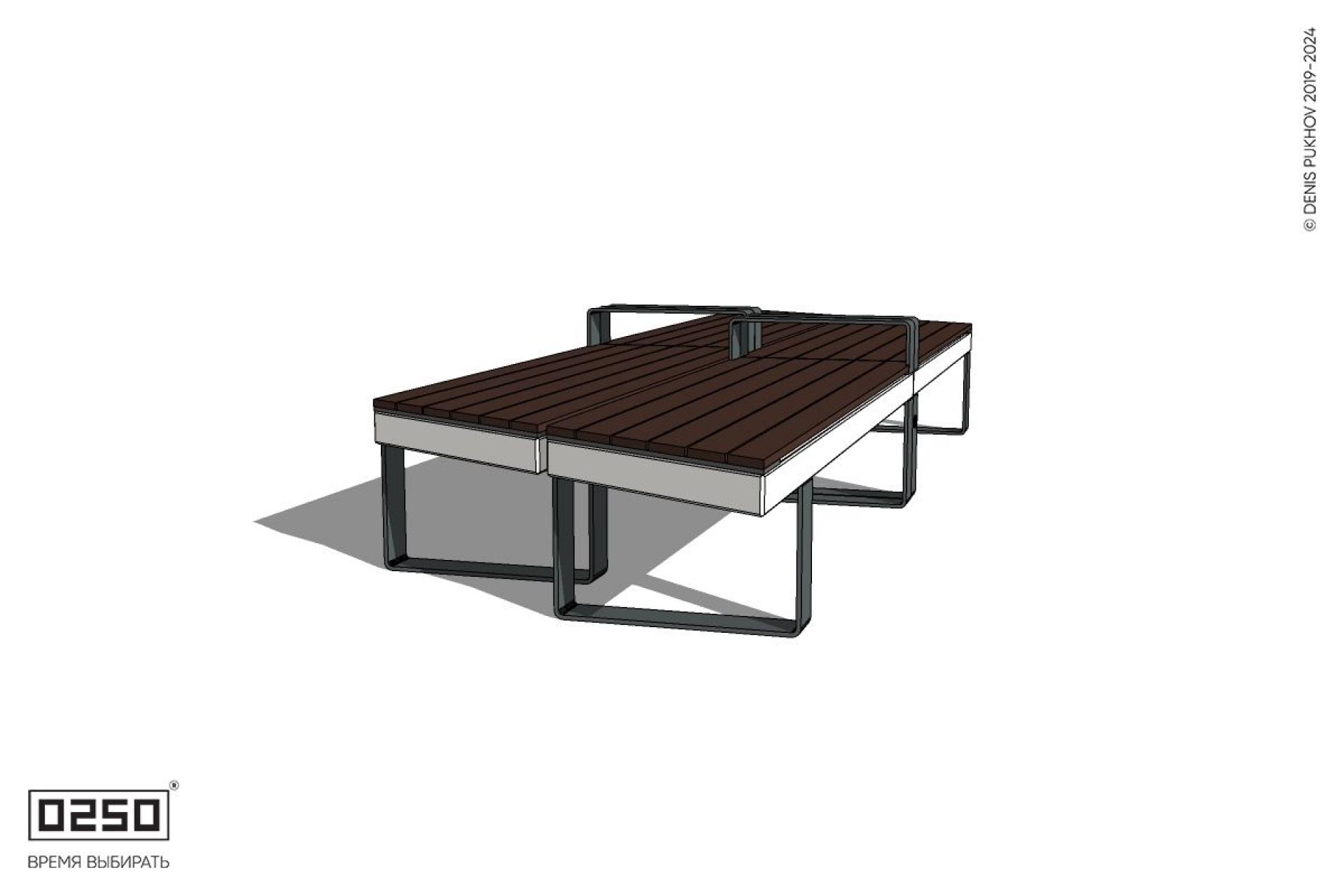 Уличная Скамейка параллелограммная правая двухсторонняя двухпролетная укороченная с подлокотниками на ножках производство 0250