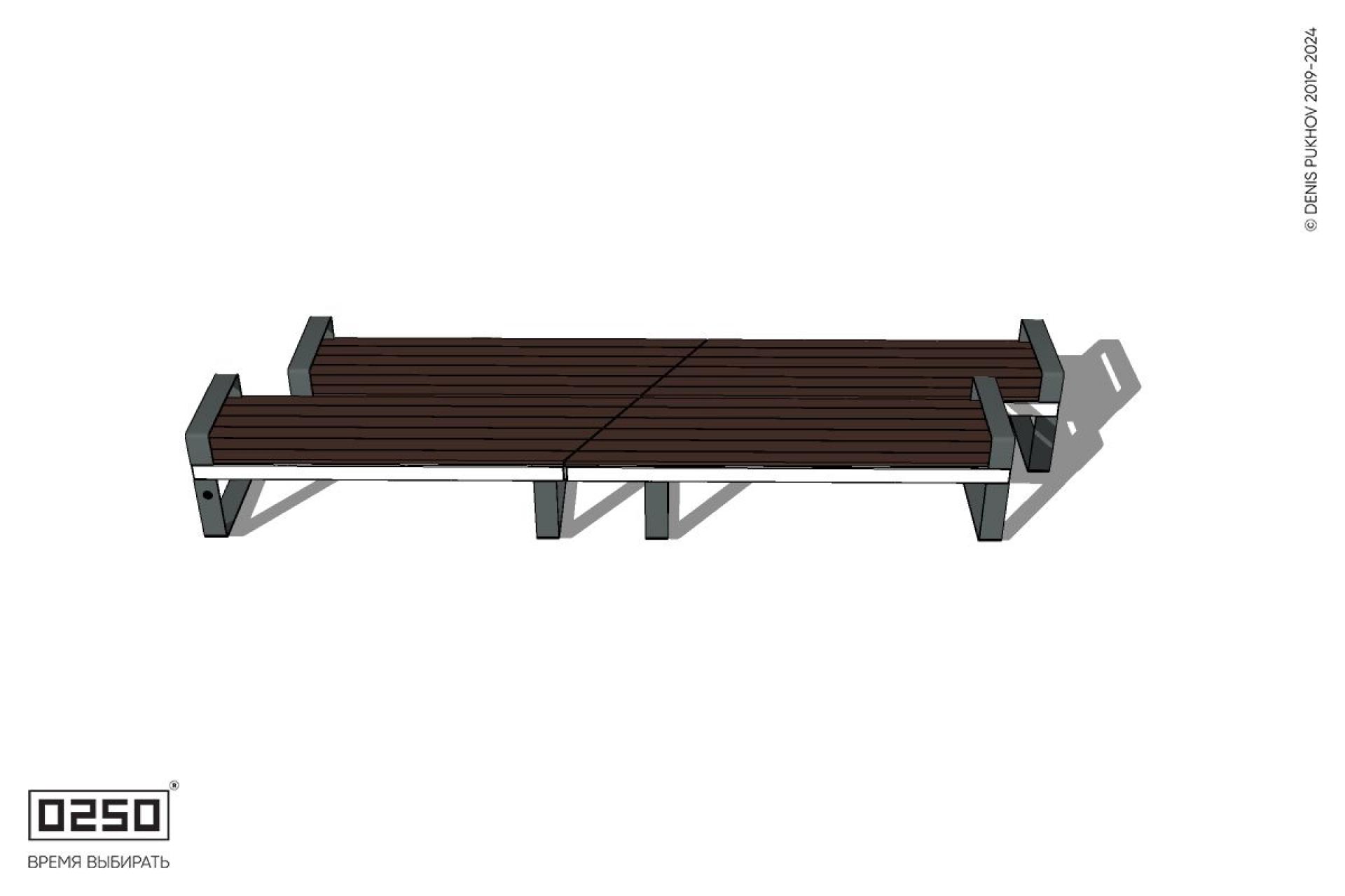 Уличная Скамейка двухсторонняя двухпролетная со сдвигом с подлокотниками на ножках производство 0250