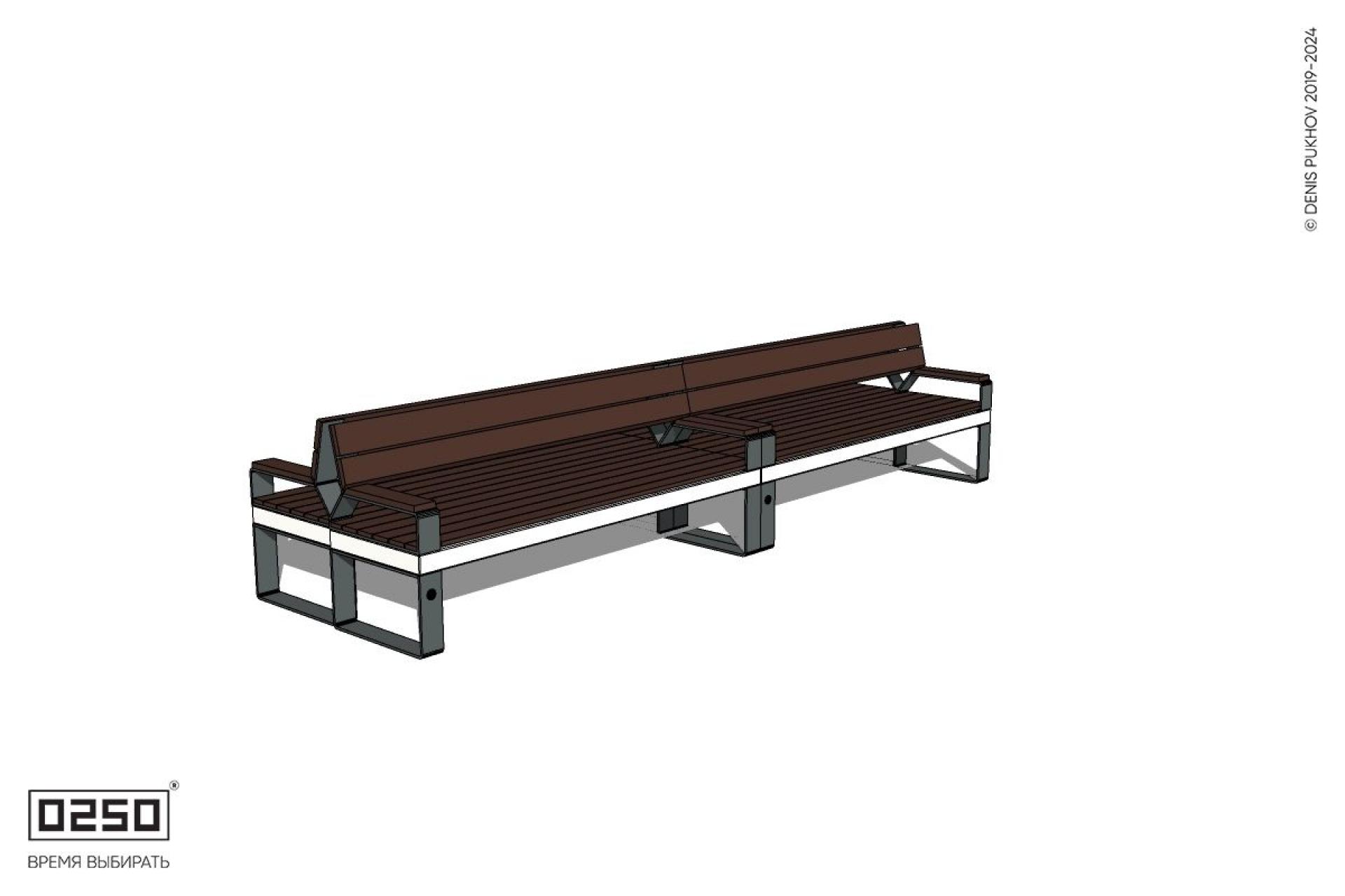 Уличная Скамейка двухсторонняя двухпролетная со спинкой и подлокотниками на ножках производство 0250 Уличная Скамейка двухсторонняя двухпролетная со спинкой и подлокотниками на ножках производство 0250