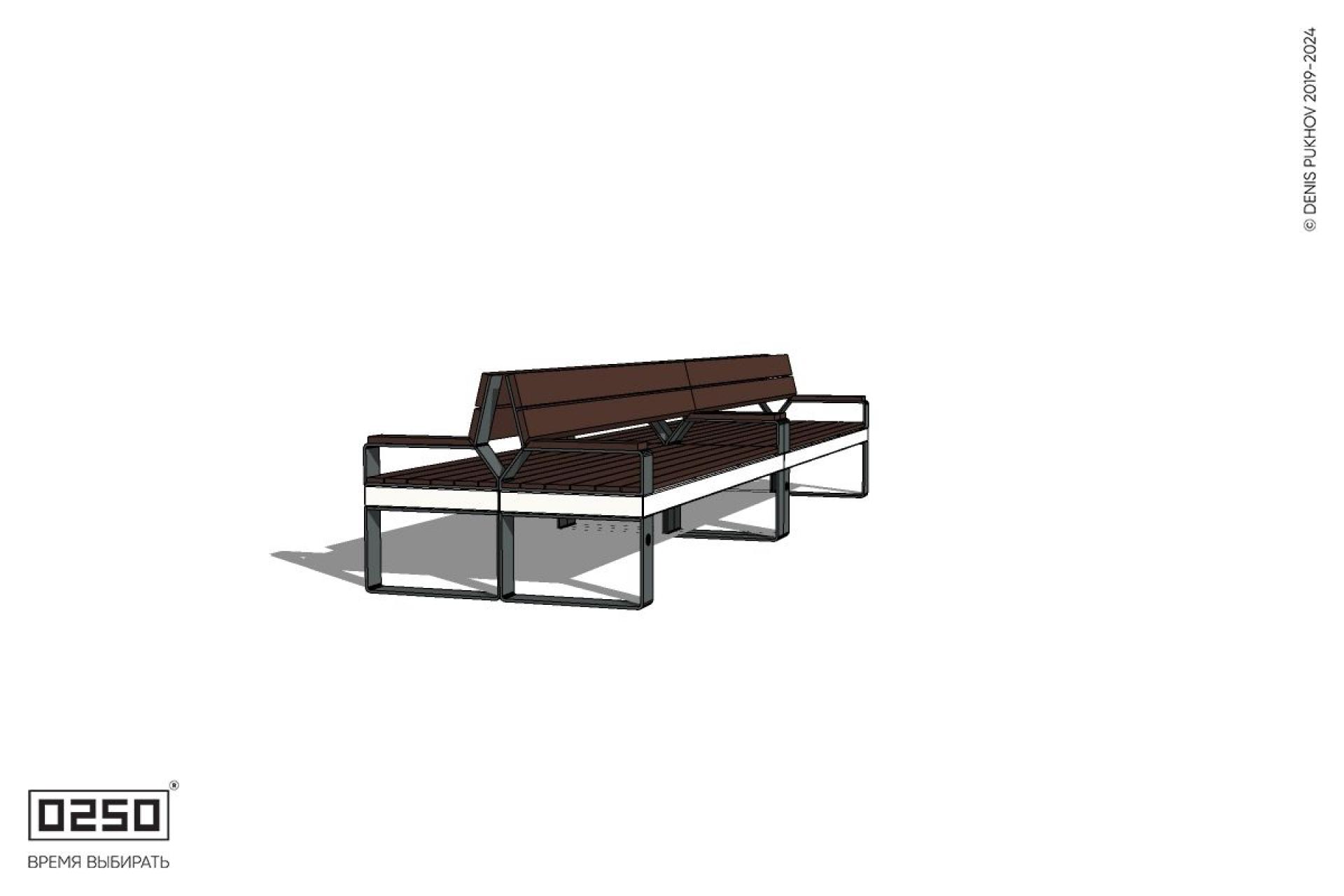 Уличная Скамейка двухсторонняя двухпролетная со спинкой и подлокотниками на ножках производство 0250 Уличная Скамейка двухсторонняя двухпролетная со спинкой и подлокотниками на ножках производство 0250