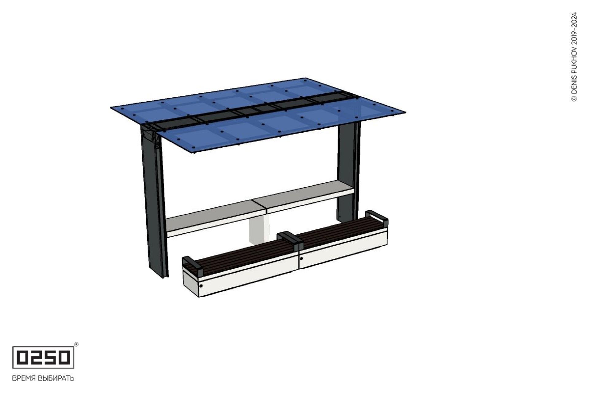 Уличная Скамейка двухпролетная на блоке с подлокотниками под навесом Портал со столом производство 0250, modul+