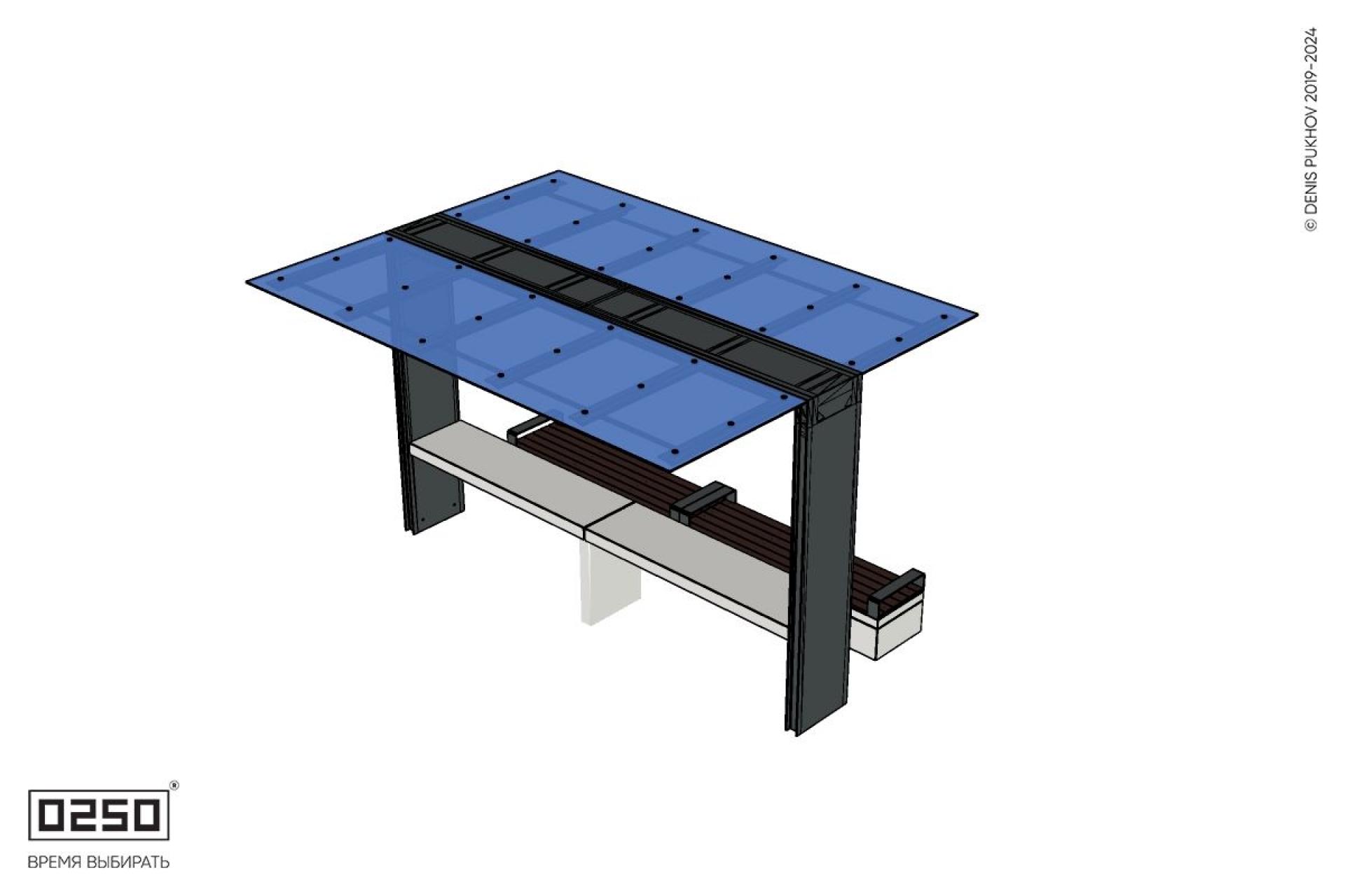 Уличная Скамейка двухпролетная на блоке с подлокотниками под навесом Портал со столом производство 0250