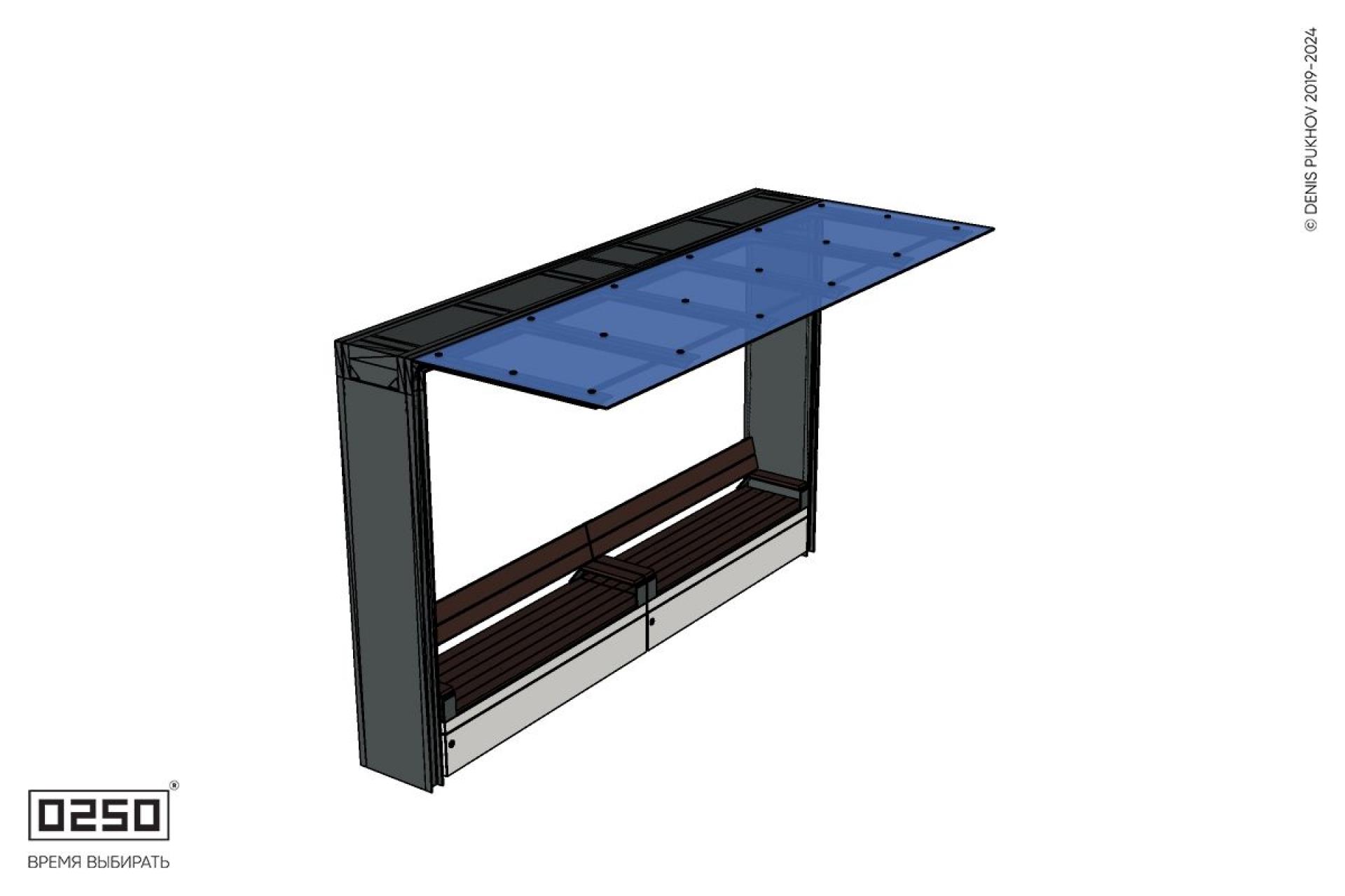 Уличная Скамейка двухпролетная на блоке со спинкой и подлокотниками с козырьком Портал производство 0250, modul+