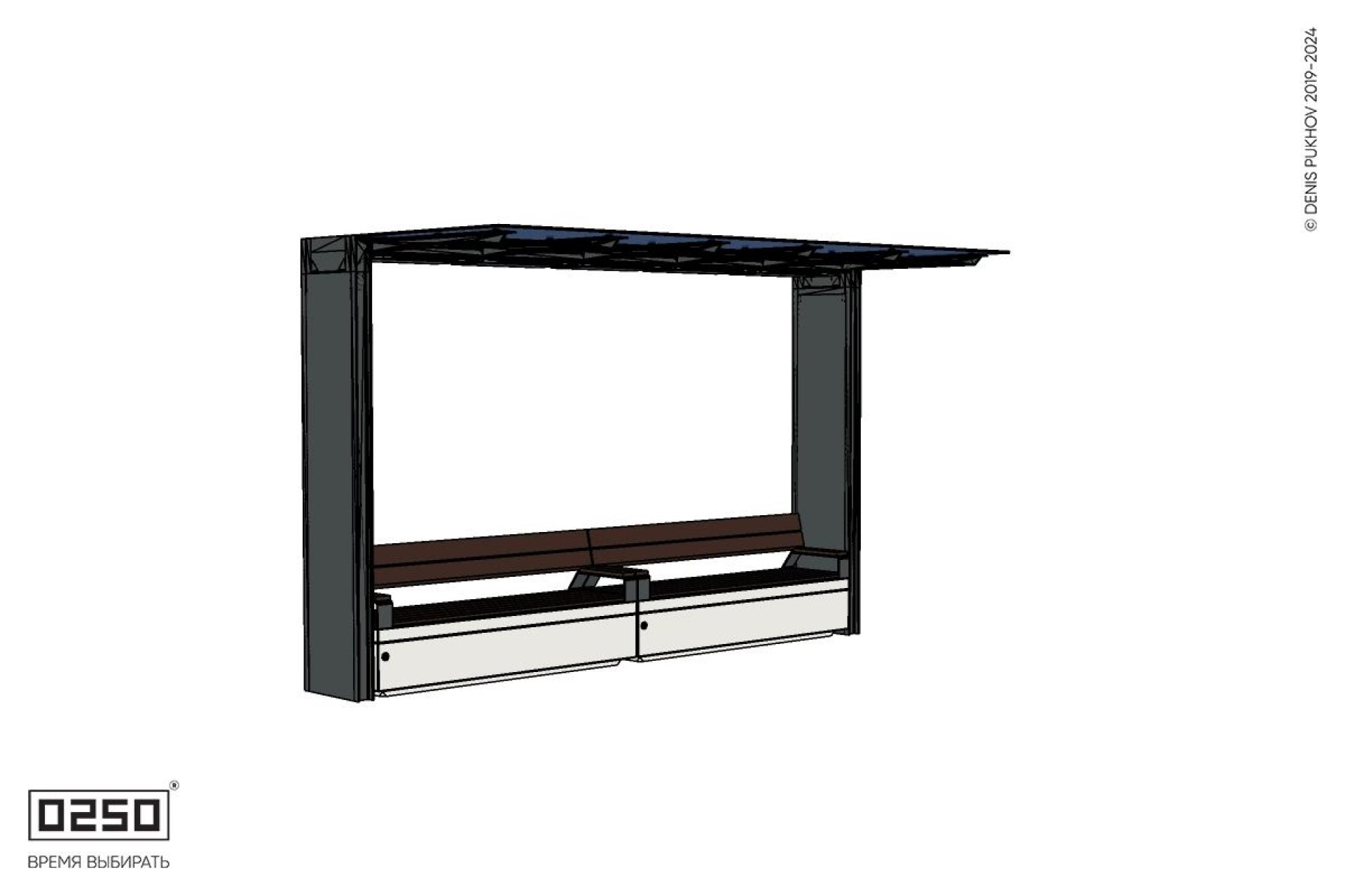 Уличная Скамейка двухпролетная на блоке со спинкой и подлокотниками с козырьком Портал производство 0250